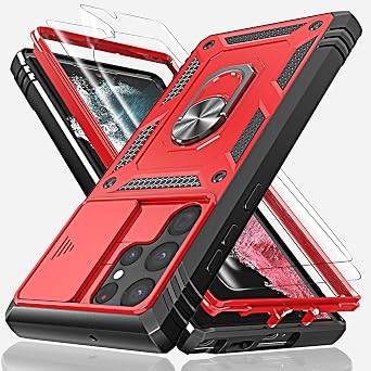 YmhxcY for Galaxy S22 Ultra Case with Camera Cover Slider, 2*Screen Protectors,Build in 360 Rotating Ring Kickstand, Military Grade Protective Case for Samsung Galaxy S22 Ultra 6.8"-Red/Black
