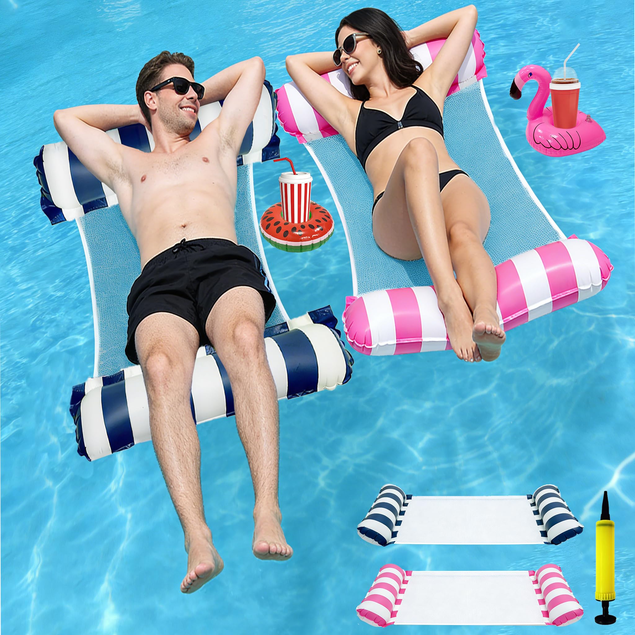 2 Pack Pool Inflatables for Adults, Inflatable Pool Floats with 2 Inflatable Drink Holders, 4-in-1 Water Hammock for Swimming Pools, Portable Swimming Pool Hammock Lounger