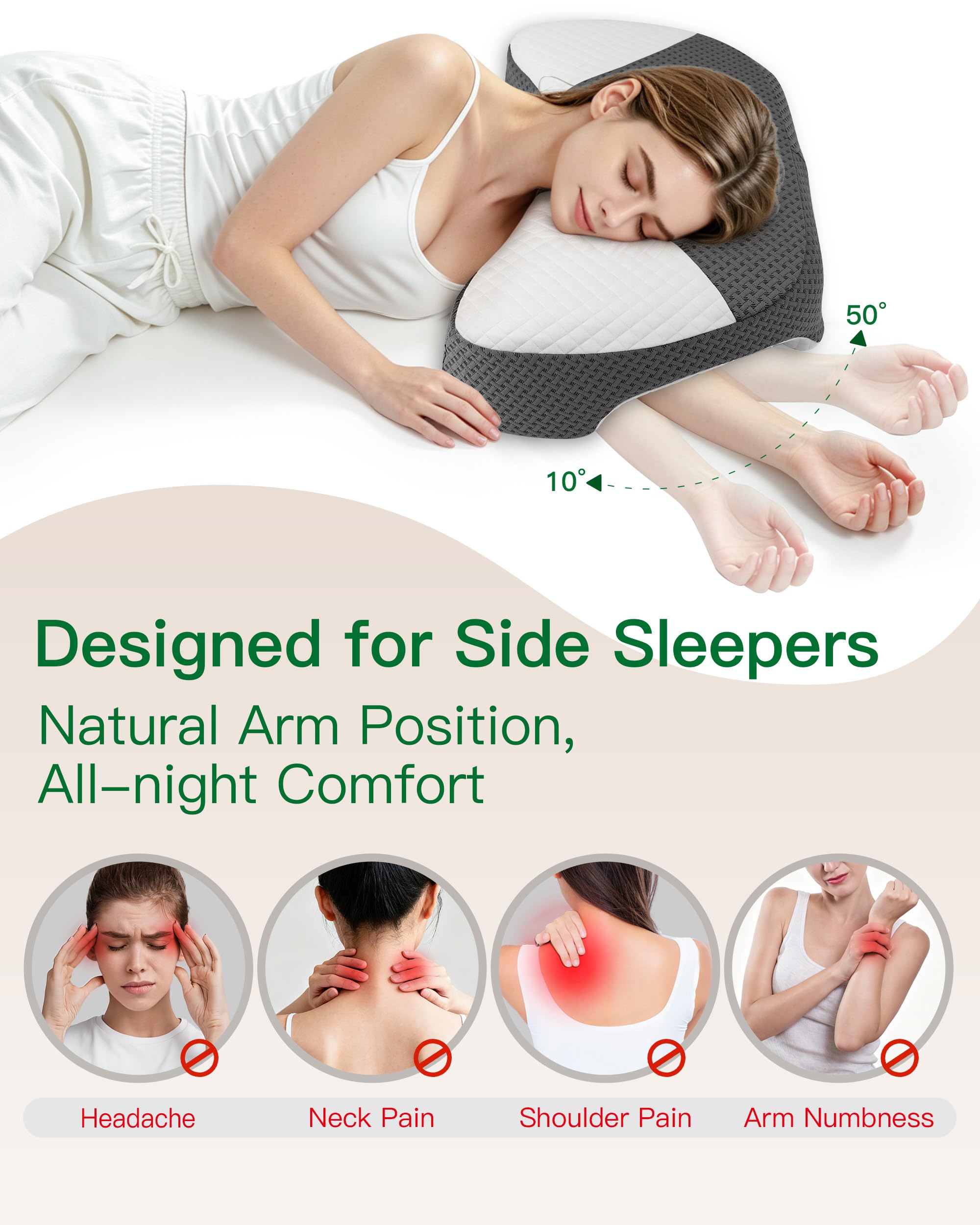 Cuscino per Chi Dorme di Lato con Foro per Braccia, Cuscini Ergonomico in Memory Foam, Allevia Pressione su Spalle e Braccia, per Dormitori su Lato, Cuscino con 3 Fori per il Braccio