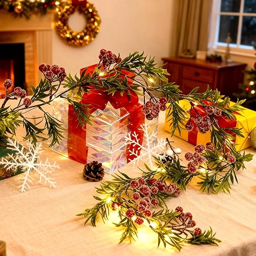 Miniatura 4 de Guirnalda de Navidad con luz, guirnalda de hojas de acebo con bayas rojas nevadas iluminadas para chimenea interior y exterior, decoración de