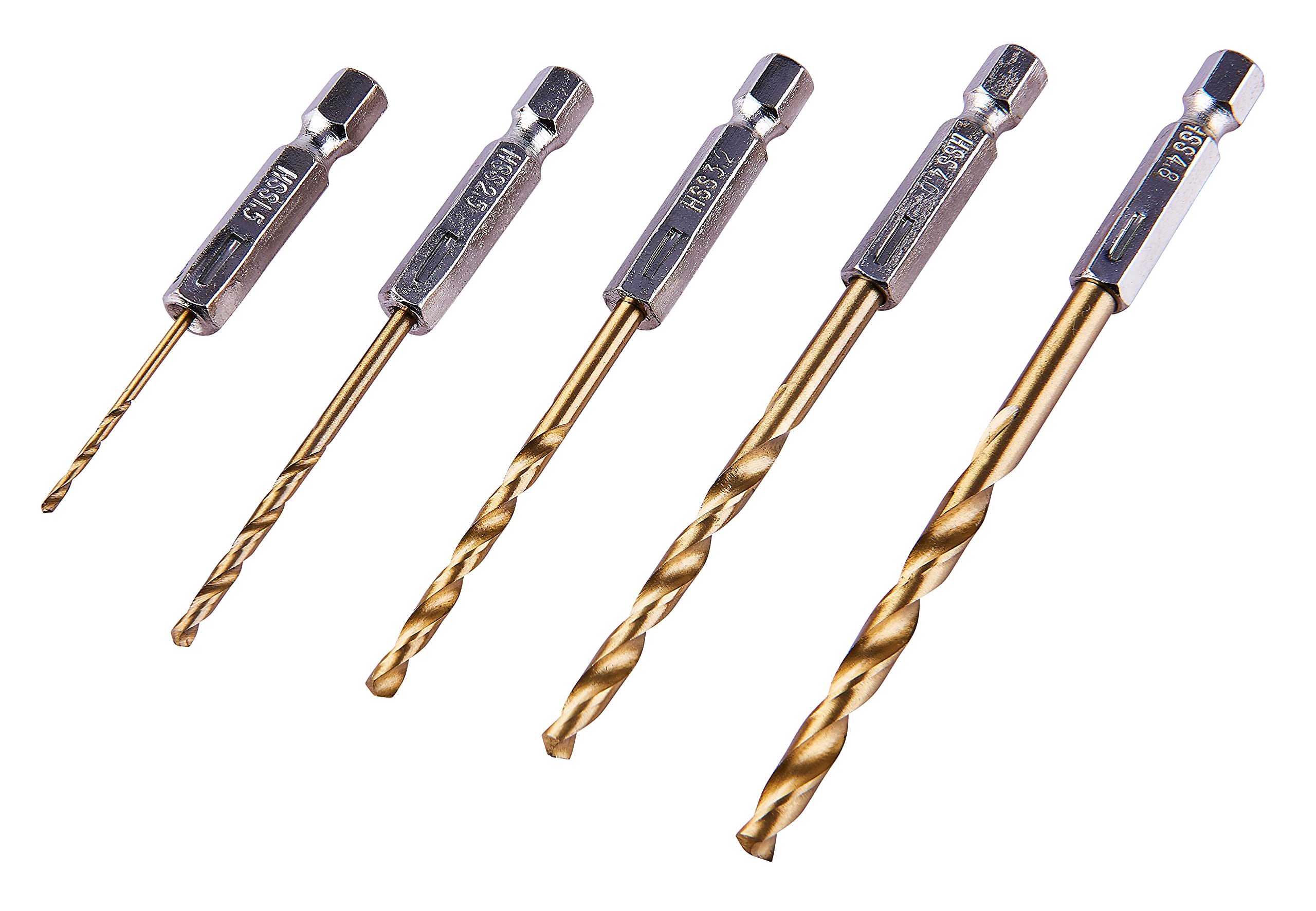 F1110 5 Piece 6.25mm (1/4") Titanium coated high speed steel (HSS) drill bit set