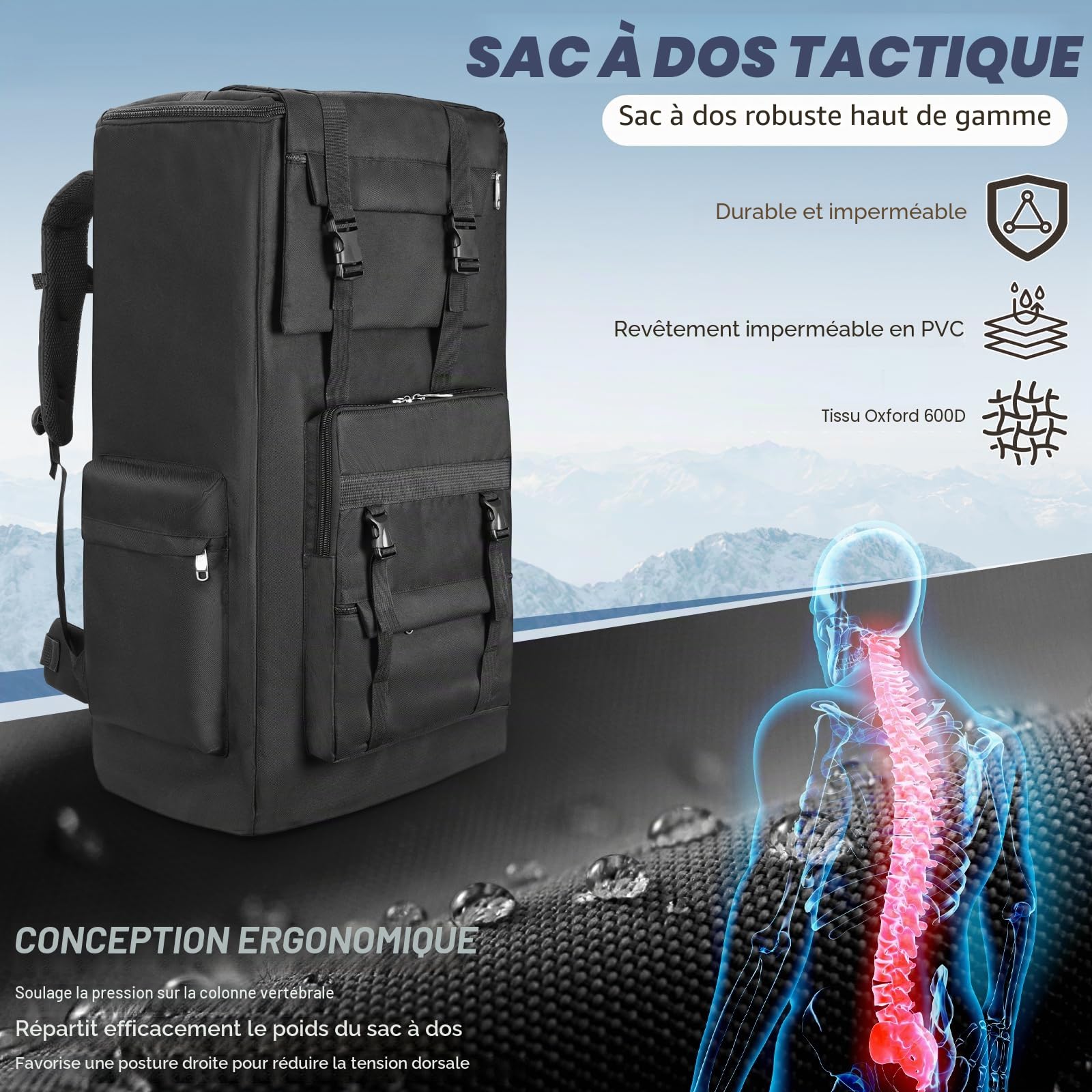 Sac à Dos Trekking Camping 120L Grand Sac à Dos de Randonnée Imperméable avec Housse de Protection Contre la Pluie