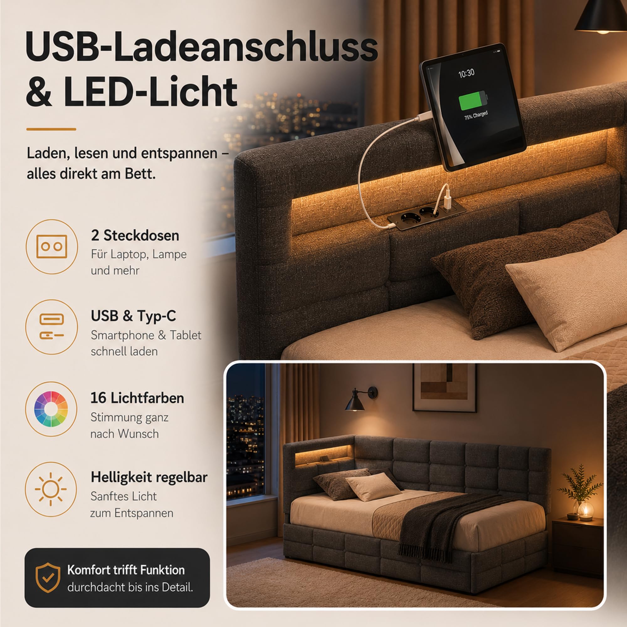 DULRLLY sofa do spania 90 x 200 cm z półką do przechowywania, tapicerowana sofa z oświetleniem LED i portami USB, nowoczesne łóżko piętrowe dla 1 osoby, wielofunkcyjne łóżko 90x200 z stelażem, pościel