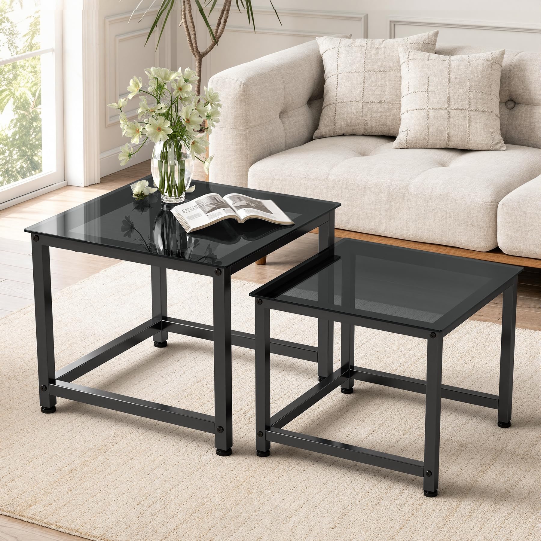 Hawthyhome 2 Stücke Beistelltisch Set rund, Couchtisch aus Glas mit Metallrahmen,Moderne Kaffeetische Satztische für Wohnzimmer Schlafzimmer Schwarz Glas2121