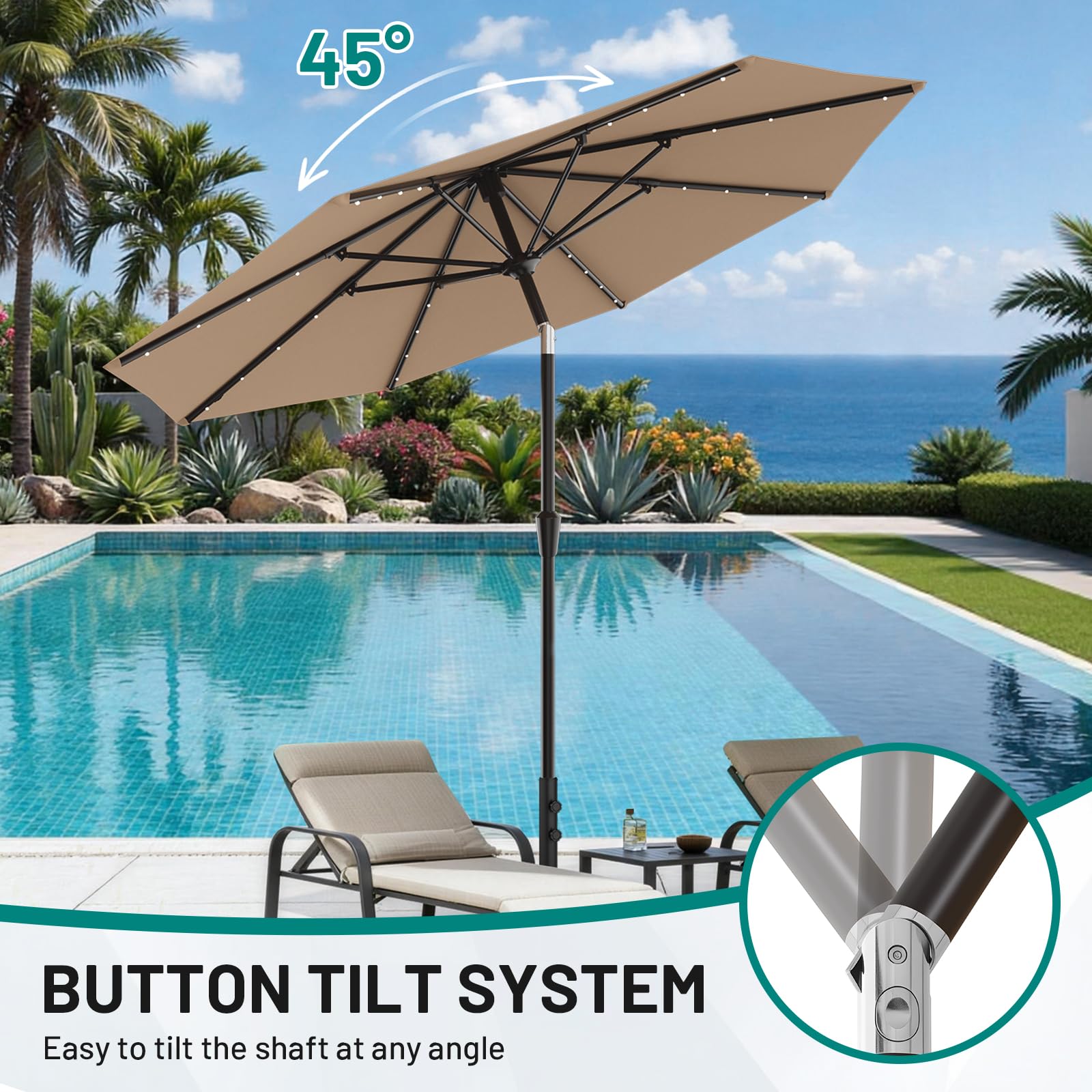 AreShark 9FT Patio Umbrella with Solar Lights, 32 Lighted Pool Umbrella w/Tilt and Crank, Outdoor Market Solar Umbrellas for Garden, Deck, Backyard, Pool and Beach, Beige : Patio, Lawn &