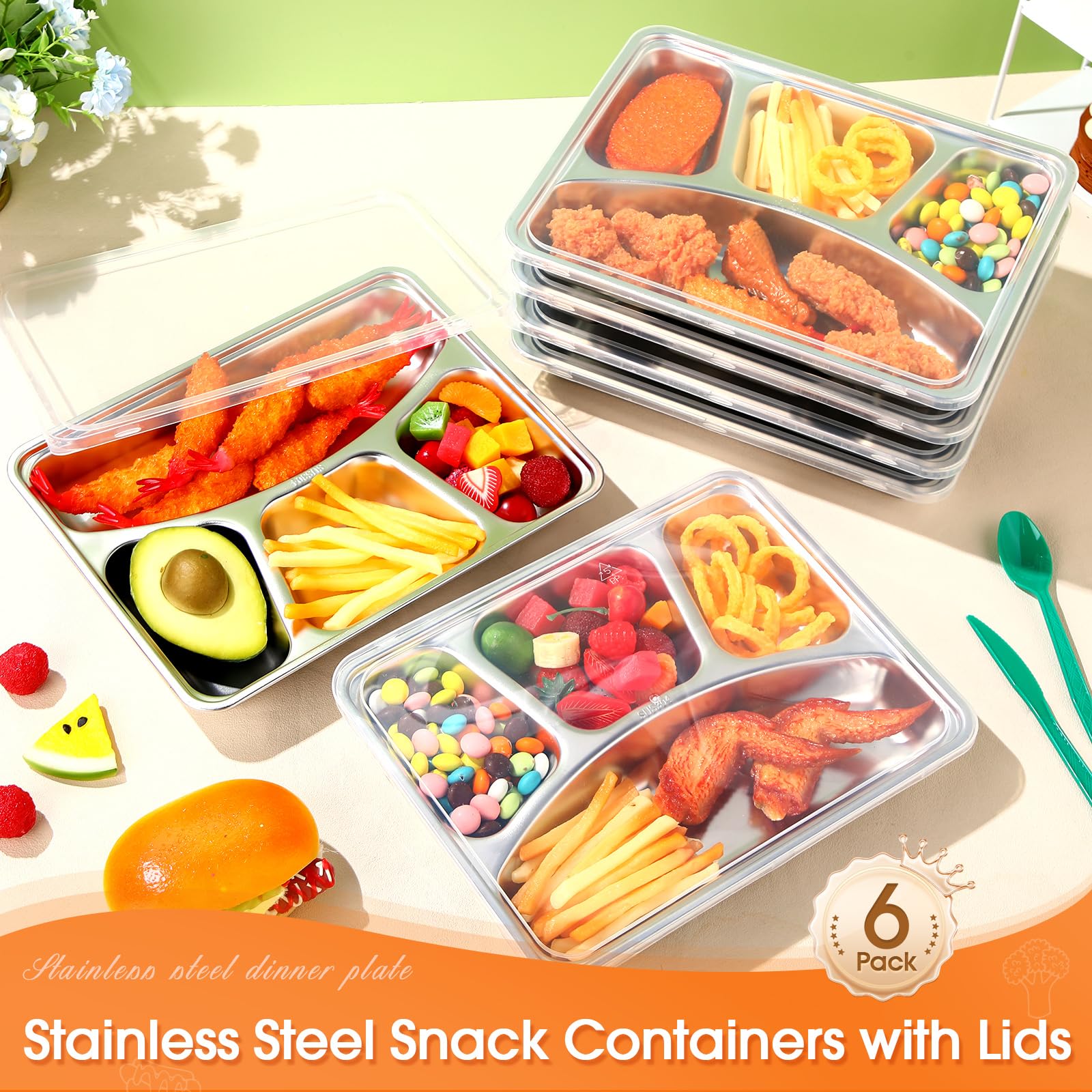 Patelai Lot de 6 boîtes à goûter en acier inoxydable avec couvercles transparents - 4 compartiments - Boîte à bento réutilisable - Pour le bureau, la maison, les voyages