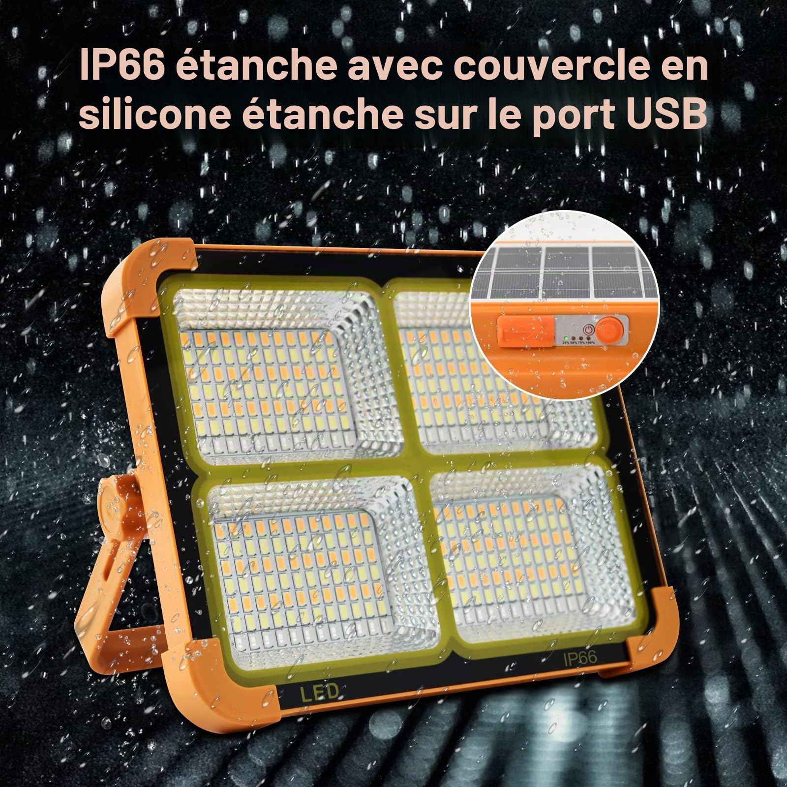 100W Projecteur LED Rechargeable 10000LM, Lumière de Travail Lanterne Portable avec Panneau Solaire, 16500mAh USB Lampe Rechargeable, pour Camping, Chantier, Garage, Atelier