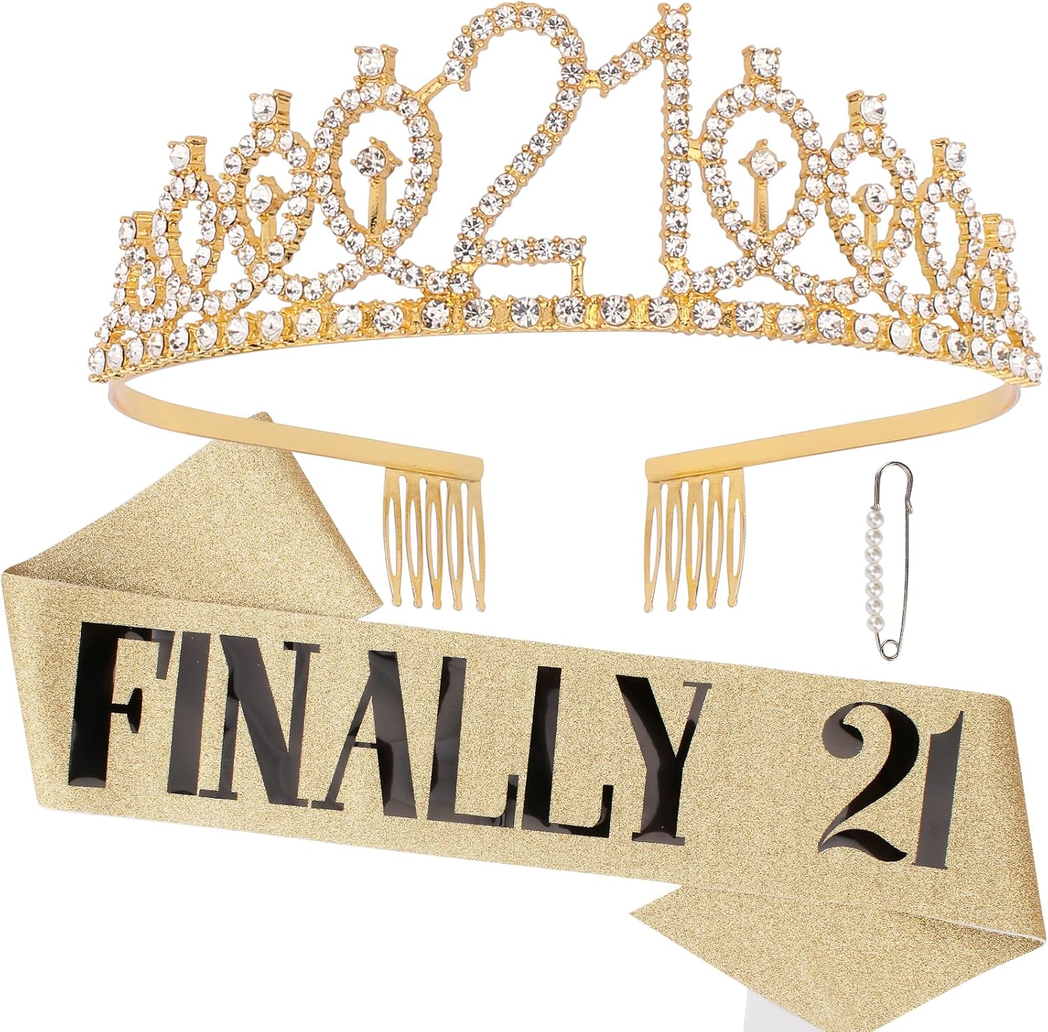 CAVETEE Gold FINALLY 21 Birthday Sash and Crown for Women 21st Birthday Tiaras and Sash Set for Women Birthday Decorations Gold Birthday Queen Crowns Tiaras for Women