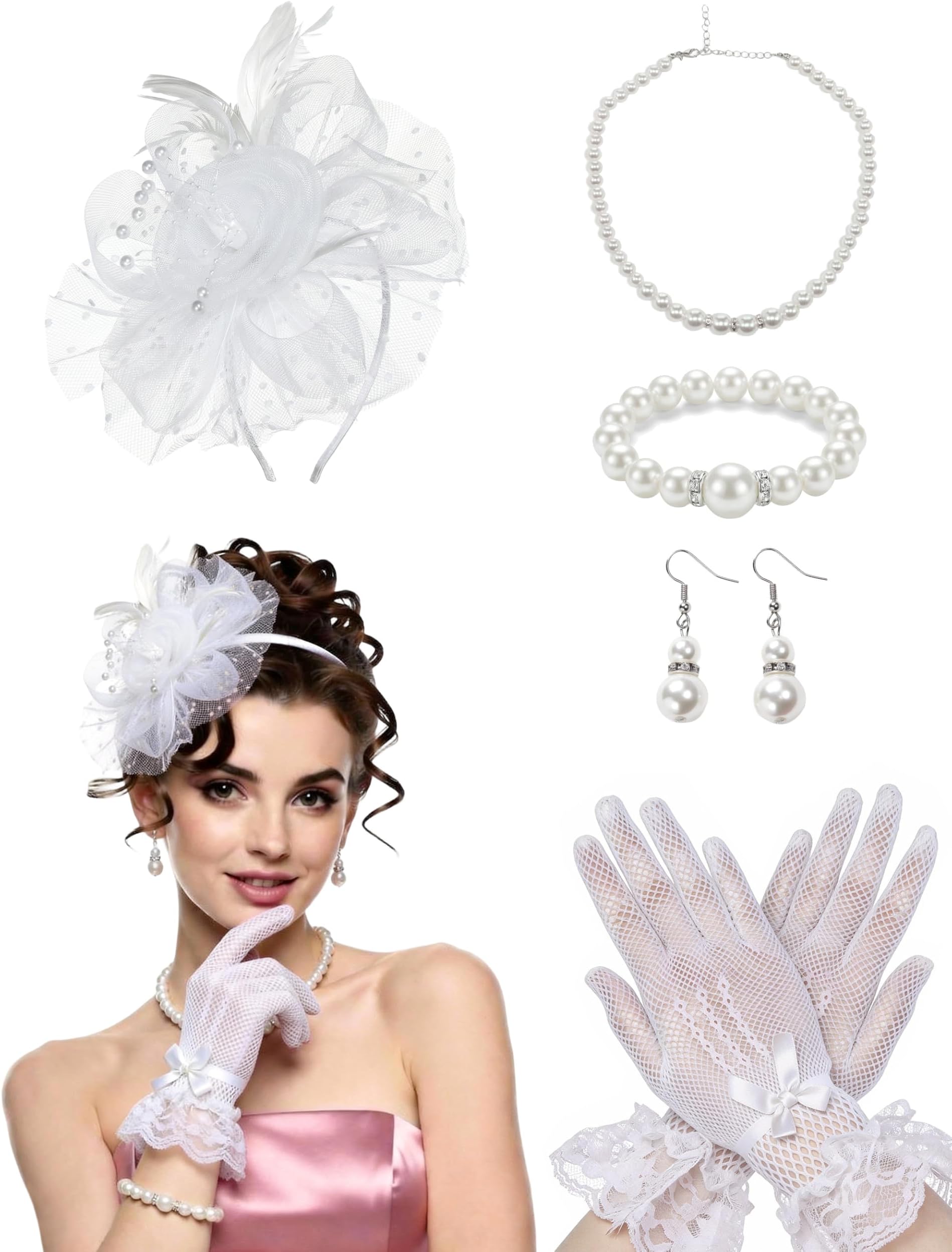 5 Pcs Fascinators Hat for Women Tea Party Veil Headband Feather Derby Hat Glove Pearl Jewelry Set for Cocktail Wedding