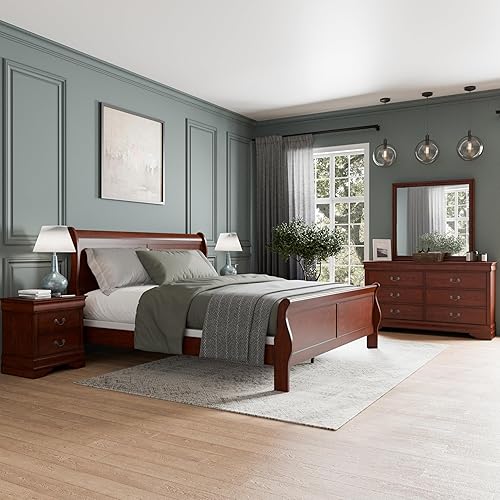 Furniture of America Arabella Traditional Solid Wood 5 Piece Bedroom Set with King Bed Frame, Nightstands, Dresser with Mirror, Storage and Organization, Bedframe Box Spring Needed, Cherry