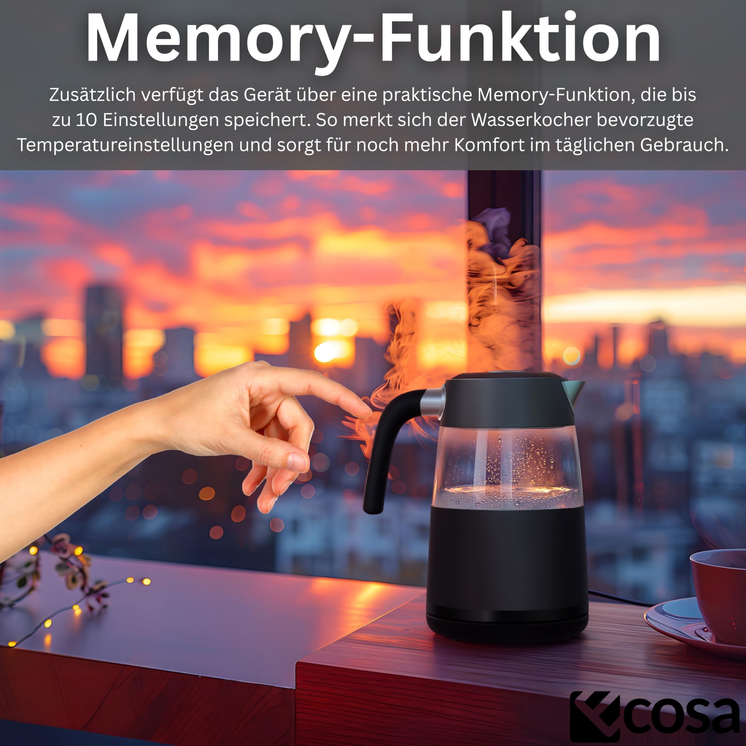 Ecosa® Czajnik elektryczny z regulacją temperatury, szkło, stal nierdzewna, 2200 W, 1,7 litra, bez BPA, z wyborem temperatury 40°C - 100°C, funkcja utrzymania ciepła, cyfrowy czujnik, ekran dotykowy