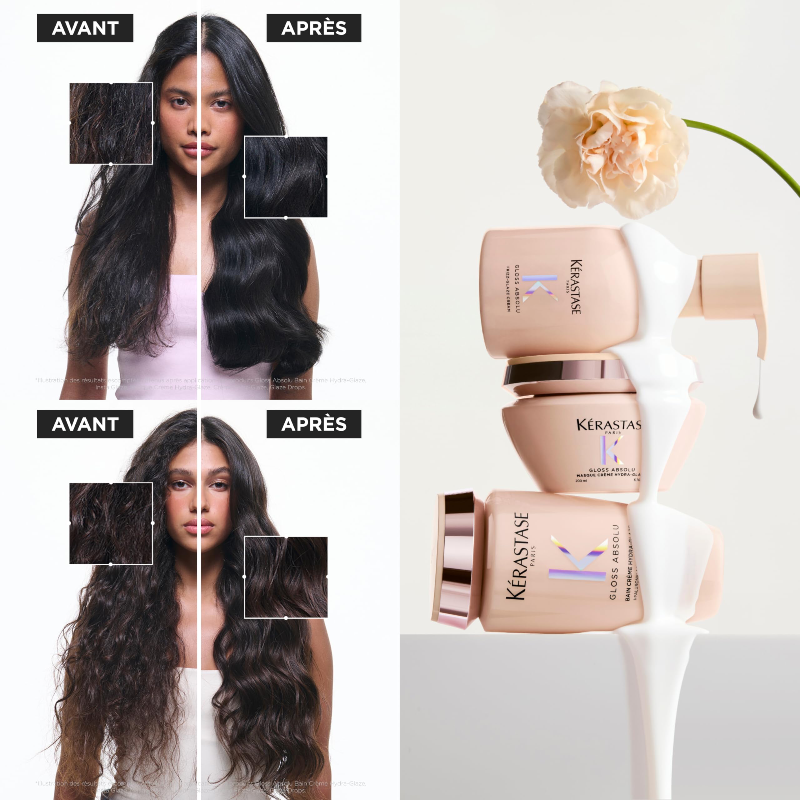 KÉRASTASE Gloss Absolu - Bain Hydra-Glaze - Shampoing Crème Hydra-Illuminant et Anti-Frisottis - Acide Hyaluronique, Glycolique et Huile de Rose - Cheveux Épais Sujets aux Frisottis