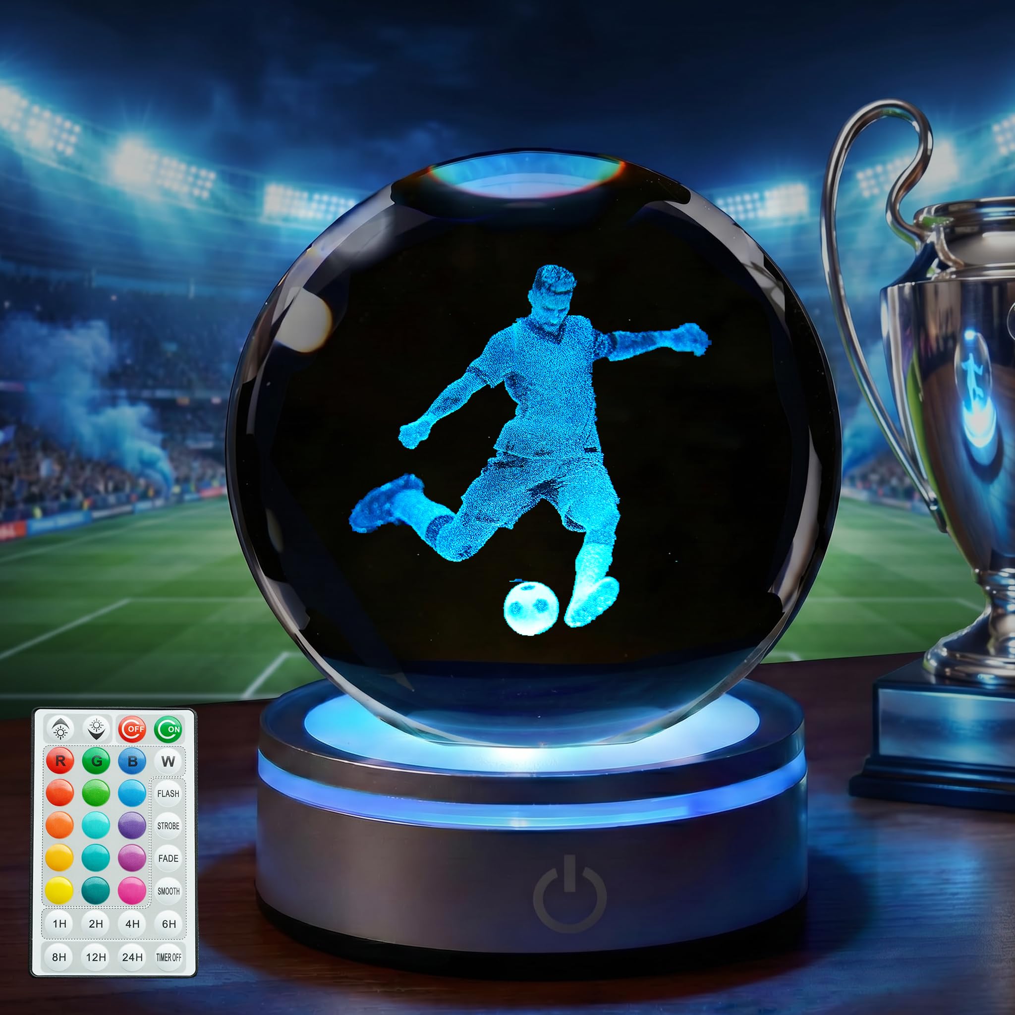 POSSHE Football Night Light, Football Gifts for Boys, 3D Crystal Lamp with USB & Battery Power, Touch/Remote Control, K9 Crystal Ball, RGB 16 Colors, Dimmable, Timer, Room Decor