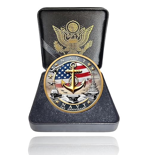 Navy 250th Anniversary Coin US 250th Commemorative Double-Sided Challenge Coin with Metal Gift Box Navy Challenge Coin for Veterans, Marines, Patriots 1.57" Display