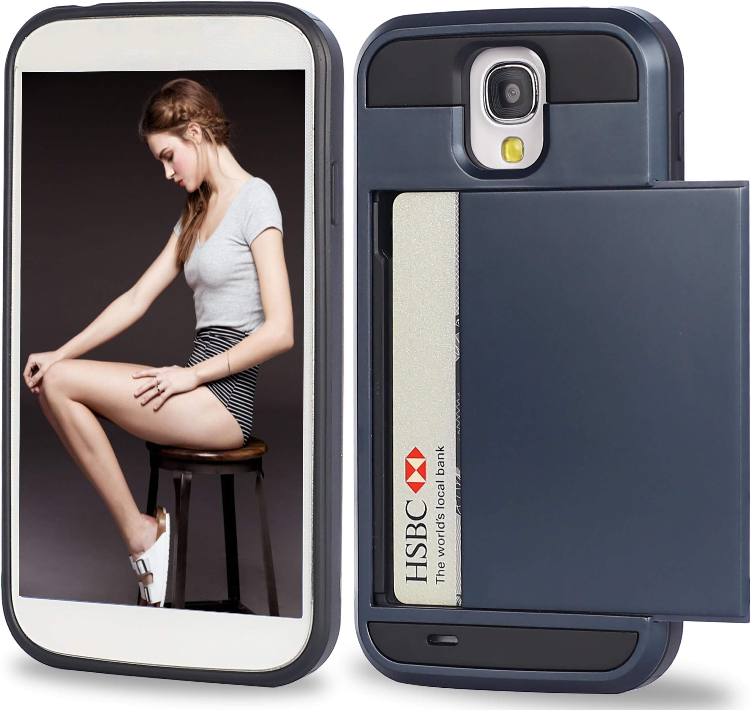 Galaxy S4 Case,by Ailun,Galaxy i9500,Protective Shell-Smooth Card Slider Wallet&Flexible Shockproof Rubber Bumper&Anti-scratch PC Back Cover,Siania Retail Package[Navy]