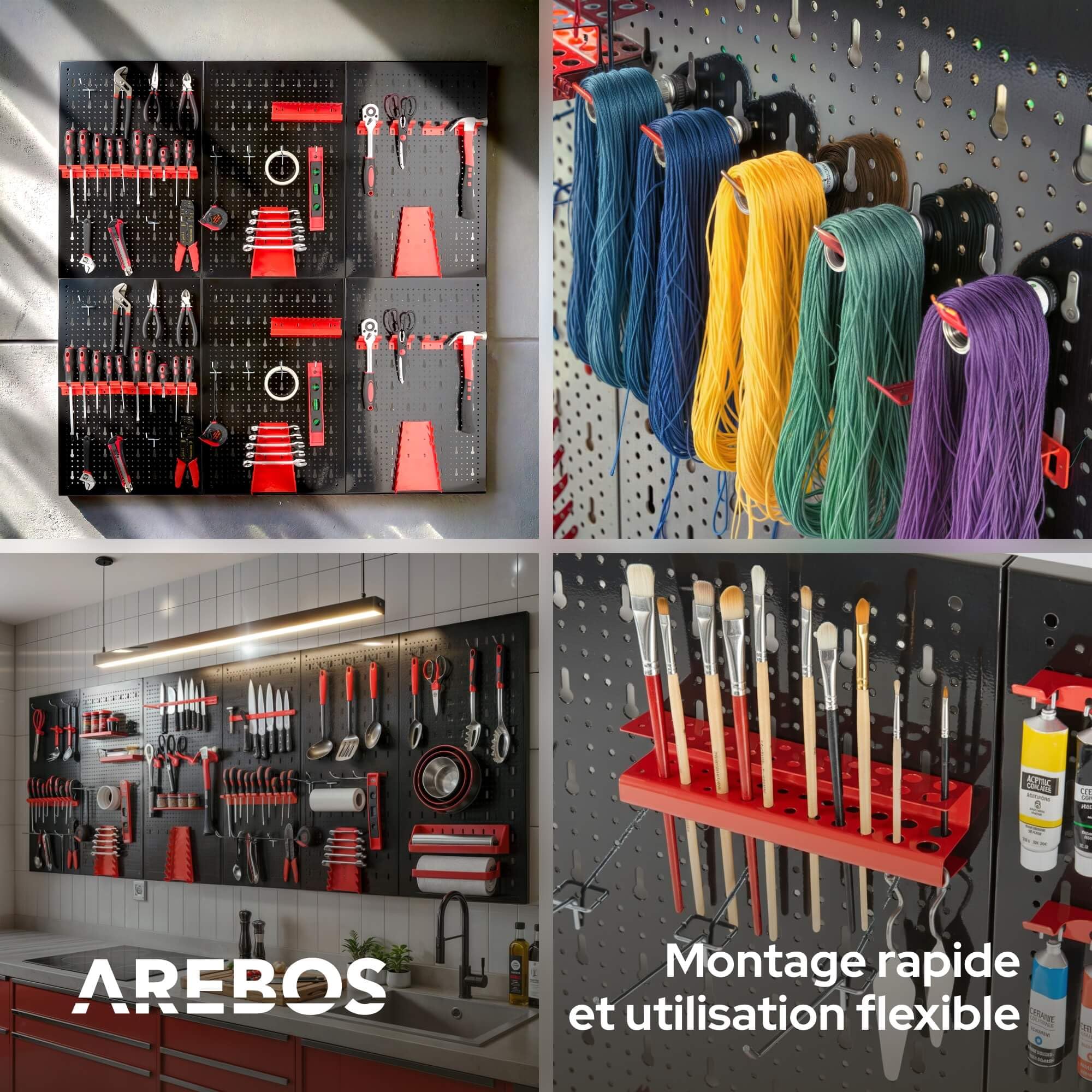 AREBOS Panneau à Outils Mural 6 Pièces | Kit avec 34 Crochets et Supports | 235,2 x 59,5 cm | Mur à Outils en Métal pour Atelier | Matériel de Montage Inclus | Rouge