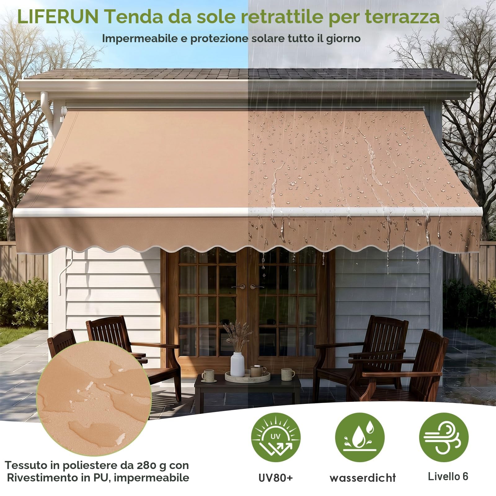 LIFERUN Tenda a bracci snodati 300x250 cm UPF 50+ impermeabile manovella supporto parete Regolazione angolare 52-75° Cachi