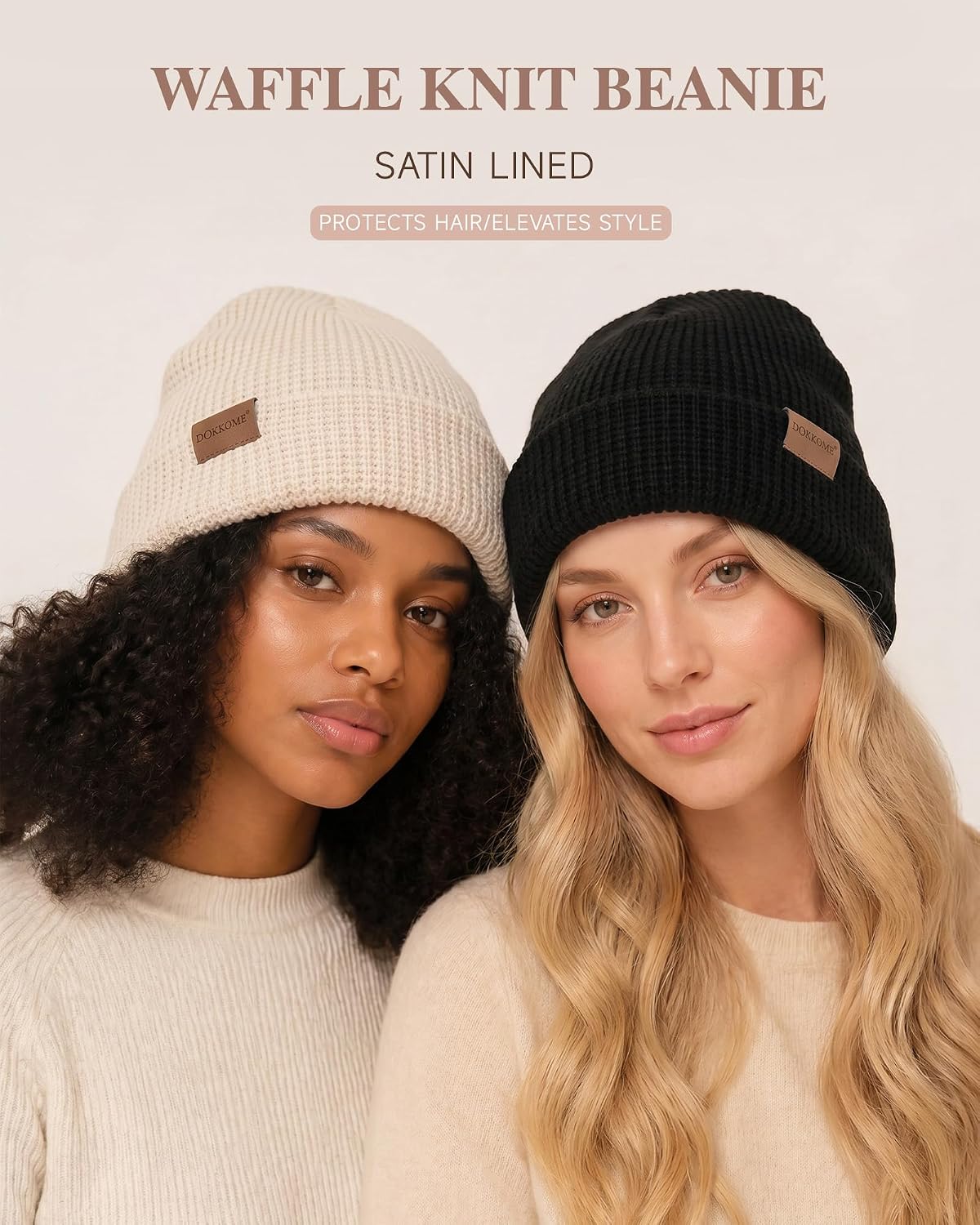 Satin Lined Beanie for Women Men Waffle Knit Winter Hats Thick Double Layer Warm Cuffed Silk Lining Cozy Soft image 2