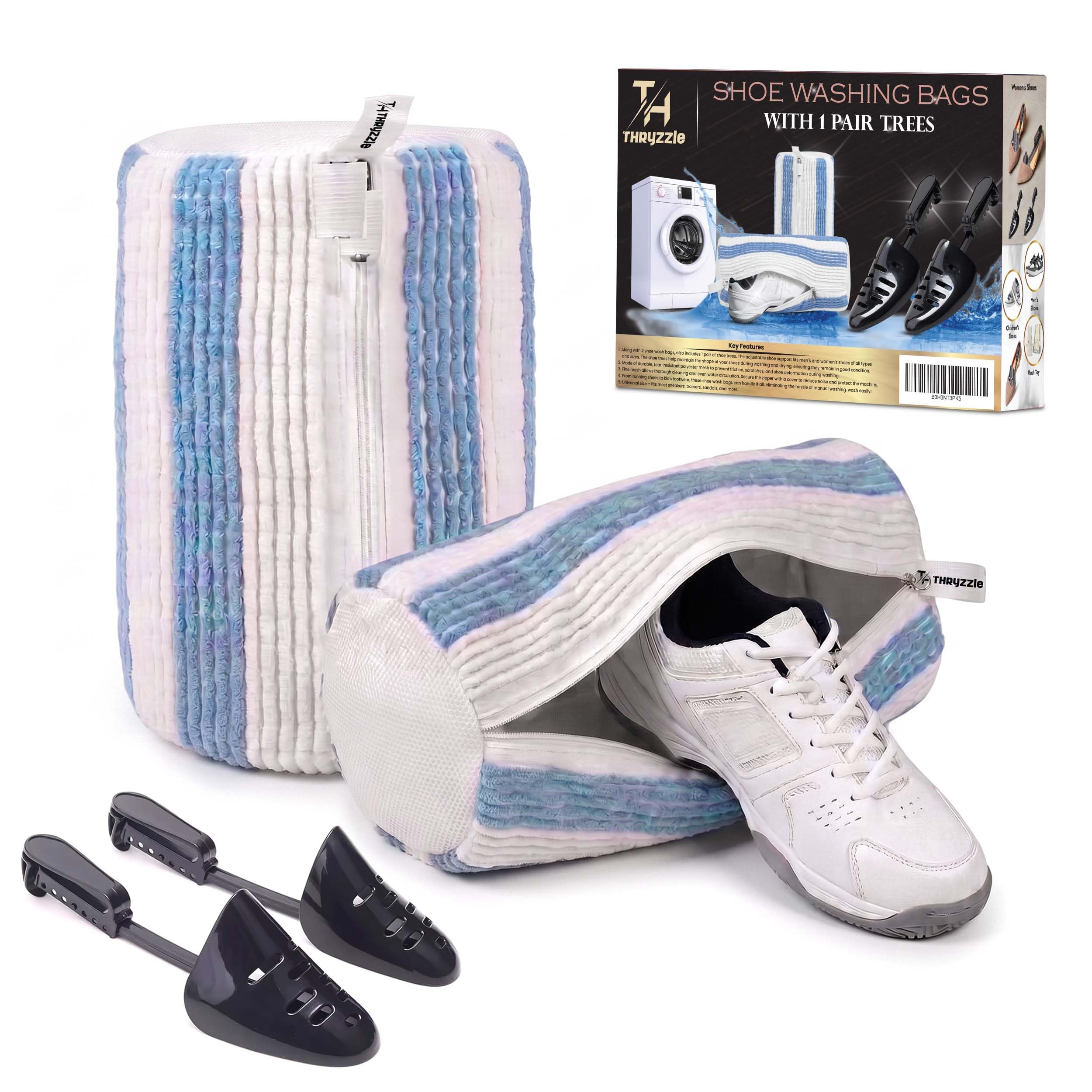 Thryzzle Shoe Washing Machine Bag - 2 Pcs Trainer Wash Bag with 1 Pairs Shoe Trees, Durable 360° Protection Hidden Zipper, Laundry Bag for Sneaker Cleaning - Heavy-Duty Reusable Washer