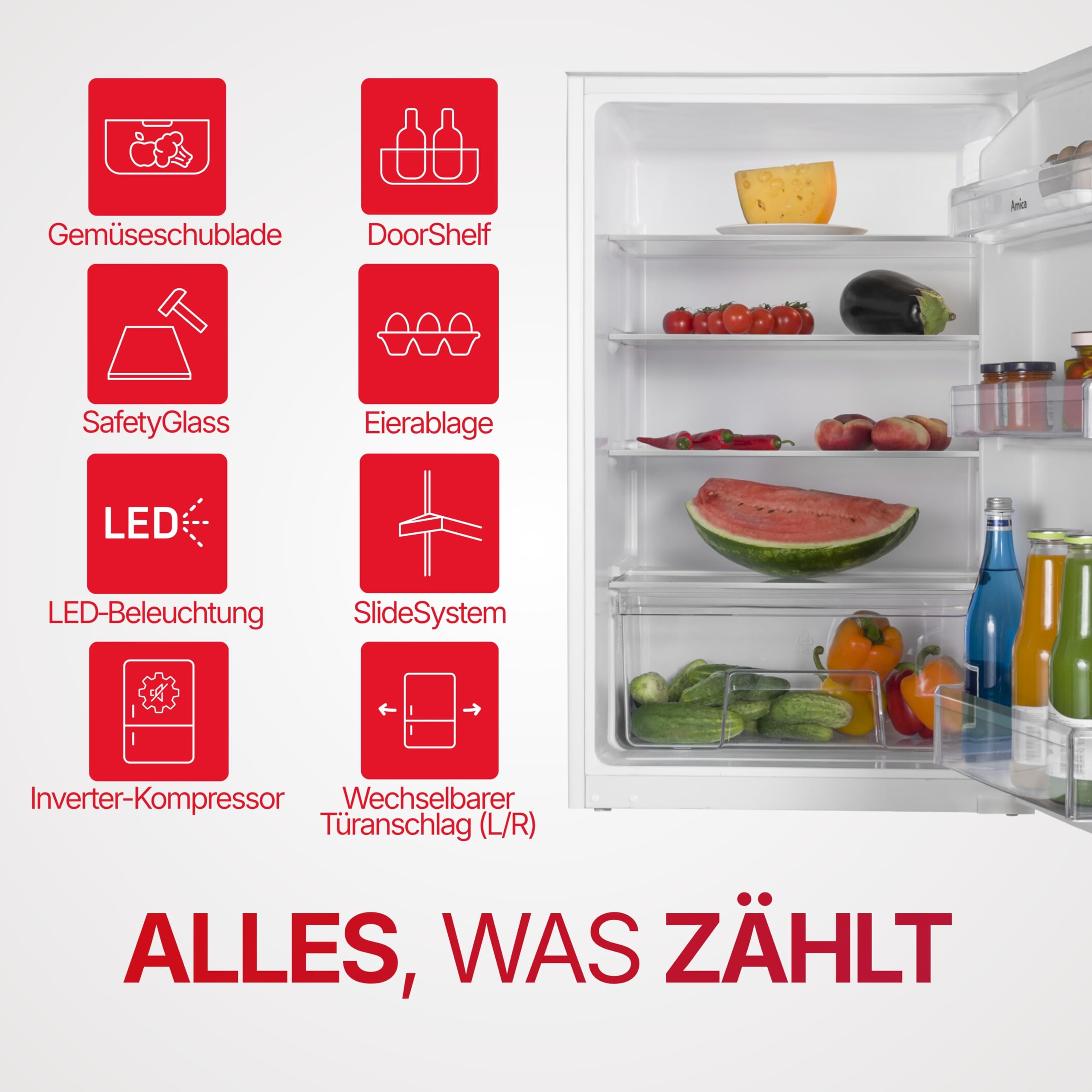 Amica Einbau Kühlschrank 135 L 87,1x54x54 cm EVKSS 353 900 | 880 mm Nische, Schlepptür-Technik, Inverter Kompressor, Elektronische Steuerung, Tür-Offen-Alarm, LED Beleuchtung