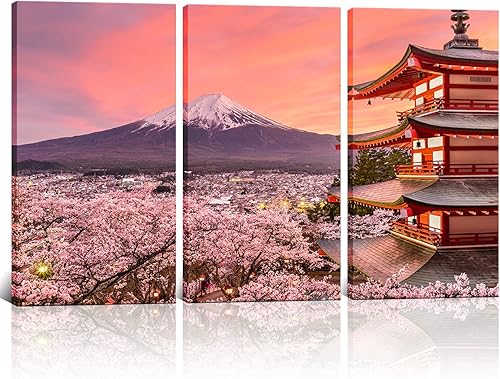 3 paneles de decoración de pared de paisaje Japón Chureito Pagoda y Monte Fuji en la primavera con flores de cerezo pintura de paisaje enmarcado