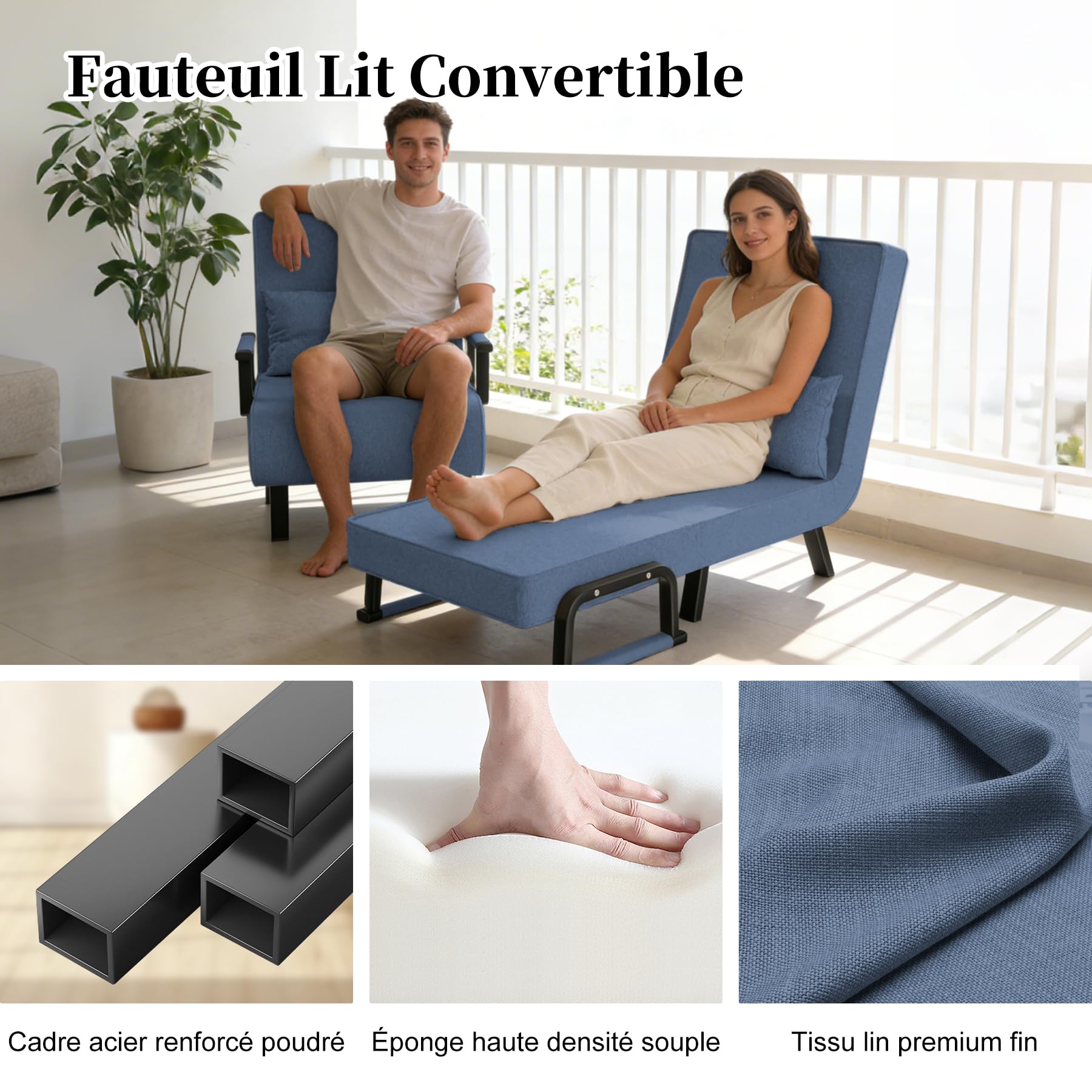 YLGJ&TIDY Chauffeuse 1 Place Convertible 3 en 1, Fauteuil Lit Pliable Dossier 6 Positions, Tissu Lin Mousse à mémoire de Forme, Charge Max 180kg, Lit d’appoint Invités, Sieste Bureau, Bleu