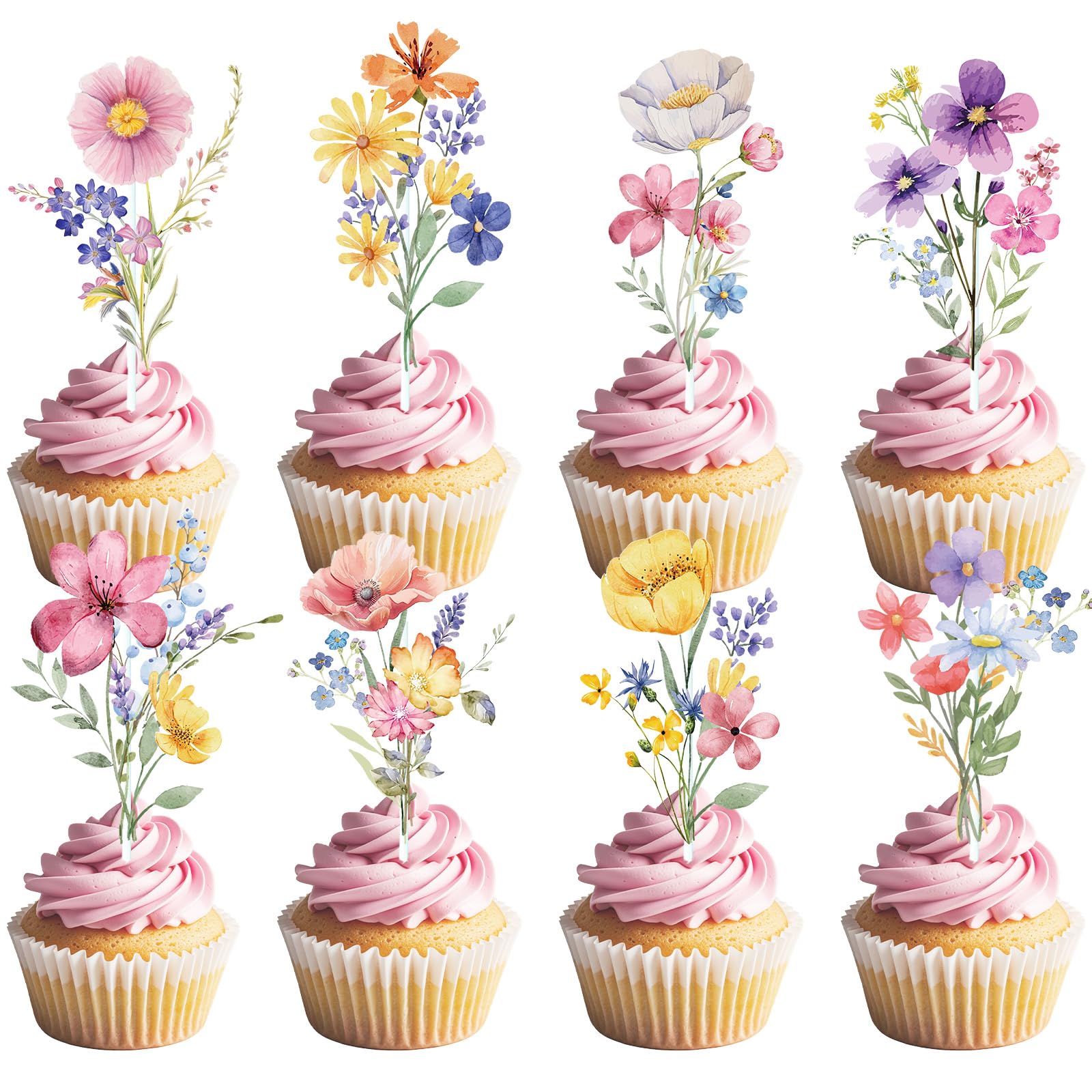 Lovarywow Wildflower Birthday Party Decorations - 40PCS Wildflower Baby Shower Decorations Floral Cupcake Toppers Flower Cake Decor Garden Themed Wedding Bridal Shower Supplies for Girls Women