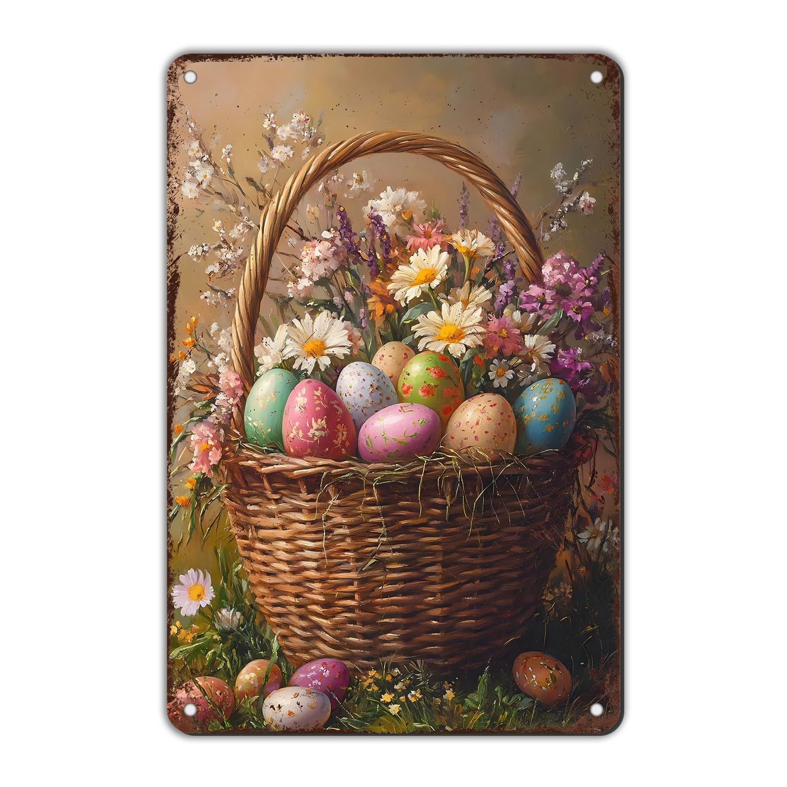 Anceky Easter Tin Sign Eggs Vintage Floral Baskets Metal Spring Wall Art Farmhouse Decor 8x12 Inch