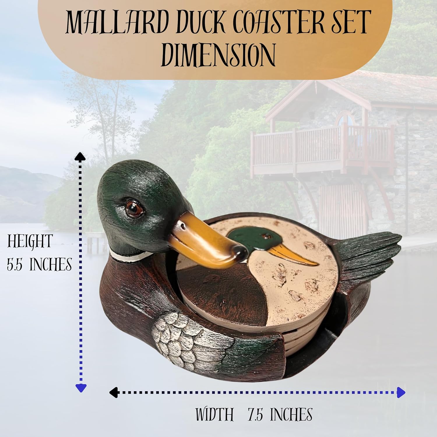 Rustic Woodland Mallard Duck Polyresin Coaster Set with Decorative Holder