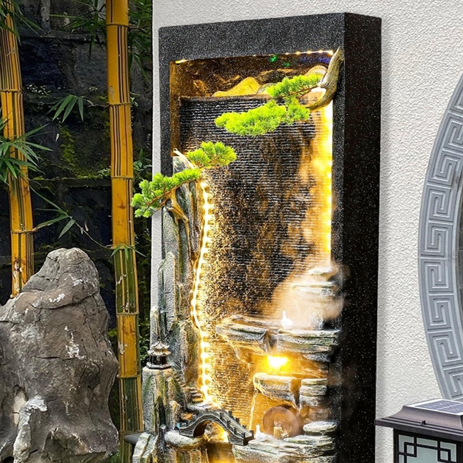 Fuente de suelo de pie para sala de estar, Fuente de agua for jardín interior/exterior con luces LED, fuente grande de rocalla for el suelo, característica de cascada for decoración del jardín del hog