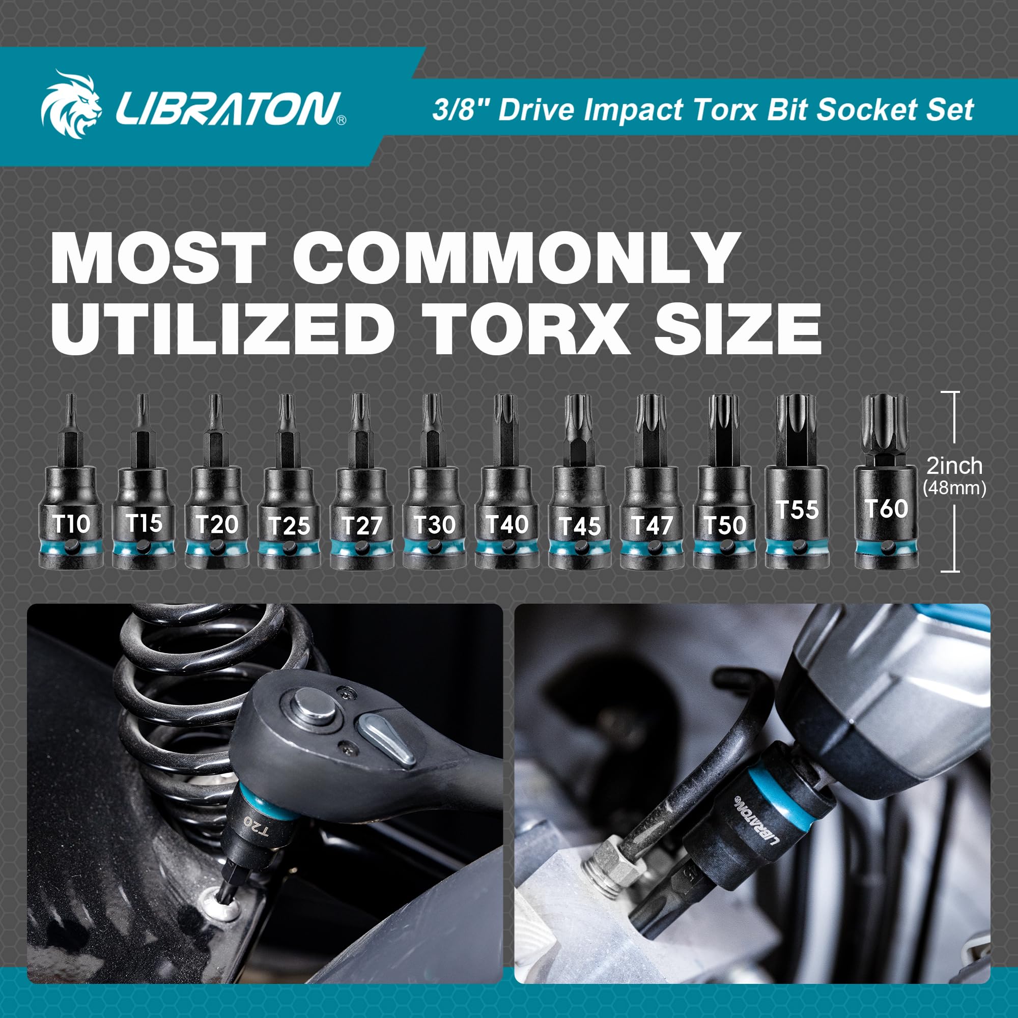 LIBRATON Chiavi a Bussola Torx da Attacco da 3/8", Bussola Torx Lunghe, Bussola a Pressione in Acciaio S2, 24 Punte per Chiavi a Bussola, Bussole Per Inserti a Impatto, T10-T60, Lunghezza 48mm e 150mm