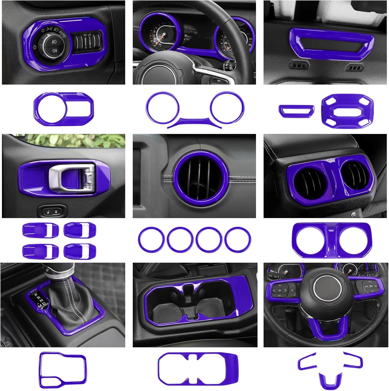 23PCS Full Set Interior Decor Trim Kits Fit for 2018-2023 Jeep Wrangler JL JLU & Gladiator JT 4Door Dashboard Cup Holder Headlight Switch Gear Shift Roof Speaker Map Light Inner Door Bowl Trim