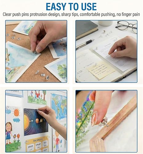 Miniatura 6 de 200 tachuelas para pulgares pasador transparente para tablón de anuncios, cabeza de plástico y punta de acero, chinchetas reutilizables de corcho