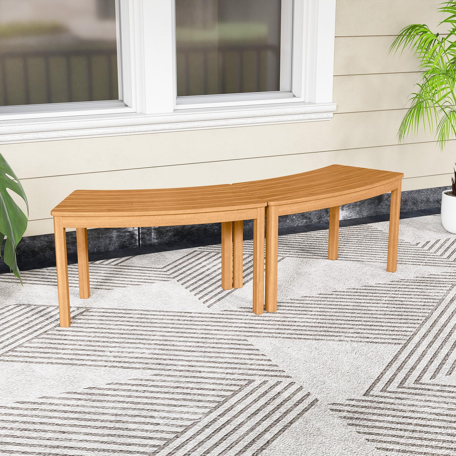 DREAMADE Lot de 2/4 Bancs Extérieurs Incurvés, Bancs de Foyer sans Dossier en Bois d’Acacia avec Assises à Lattes, pour Patio, Jardin, Terrasse, Charge 180 kg (Naturel,2)