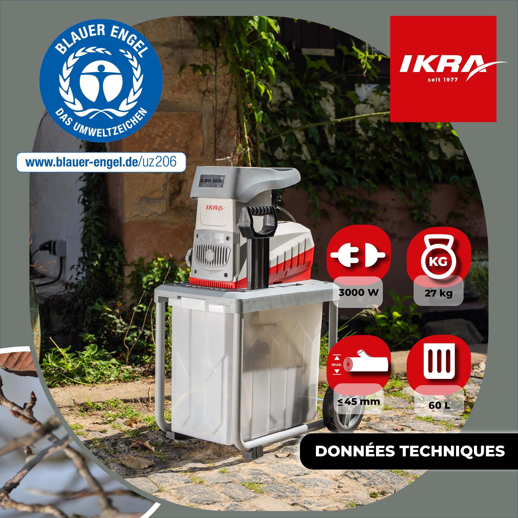 IKRA broyeur électrique ILWH 3000, diamètre des branches 45 mm Blauer Engel