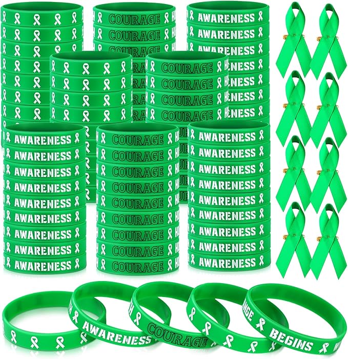 Mental Health Awareness Bracelet, Silicone Bracelets and Green Ribbon Satin Pins, Motivational