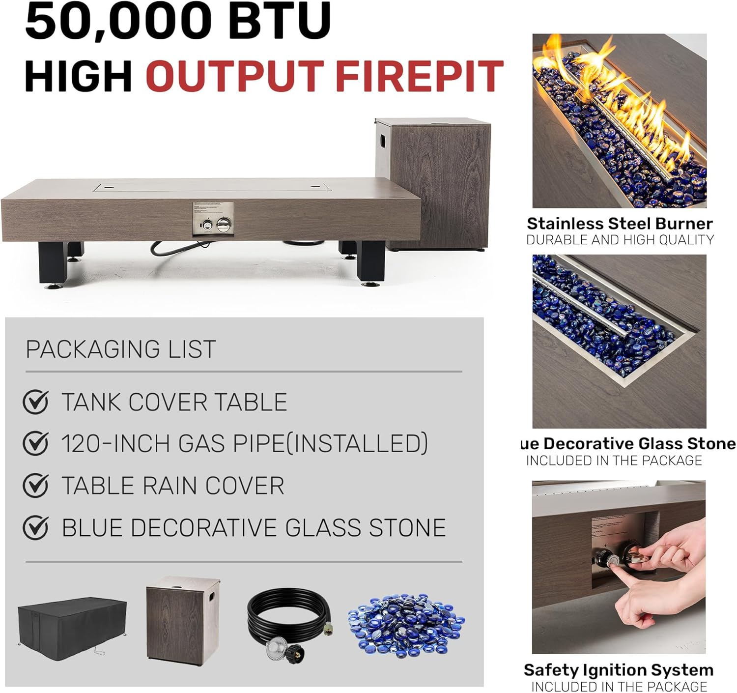 54”Propane Fire Pit,Outdoor Gas Fire Pit Table with Rain Cover,Rectangular Heater for Patio, Backyard, Deck,50,000BTU Outdoor Modern Patio Fire Pit. (Wood)