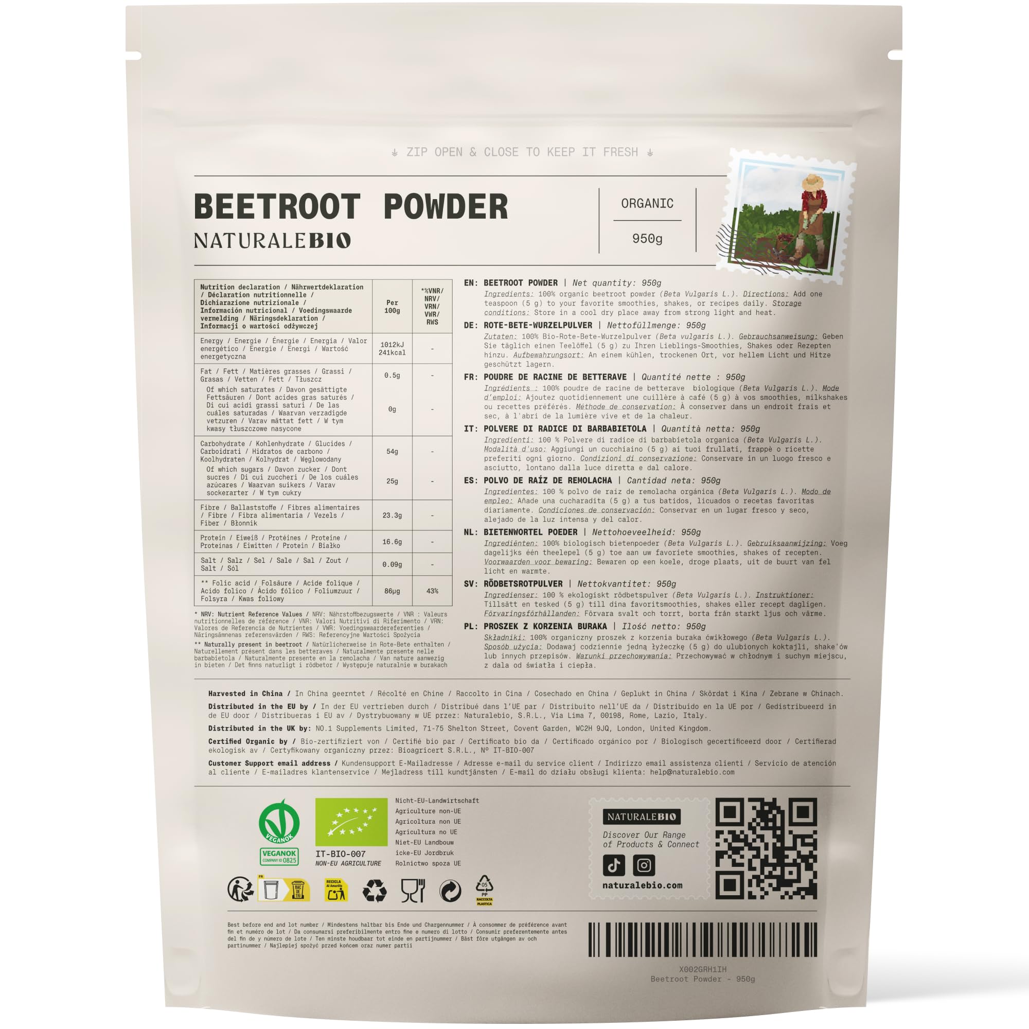 NaturaleBio Polvo de remolacha 950g. Superfood orgánico de raíz deshidratada. Fuente natural de nitratos y betalainas. Para uso diario en una alimentación equilibrada. Vegano y sin gluten.