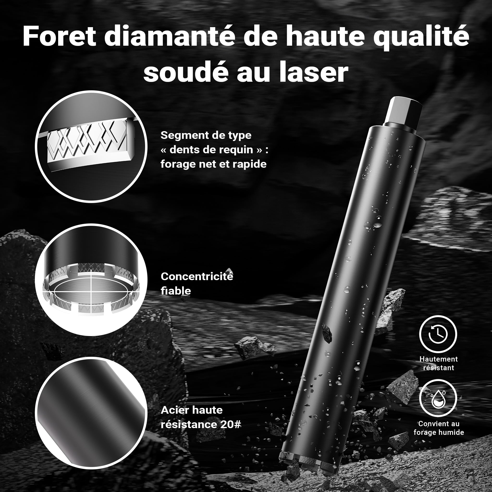 Wiltec Foret diamant pour Carotteuse Ø 82 mm – Haut rendement – 1¼ UNC – Longueur 450 mm – Métal fritté – Forage à humide – Chantier Carrelage Béton – Trépan Couronne Diamant