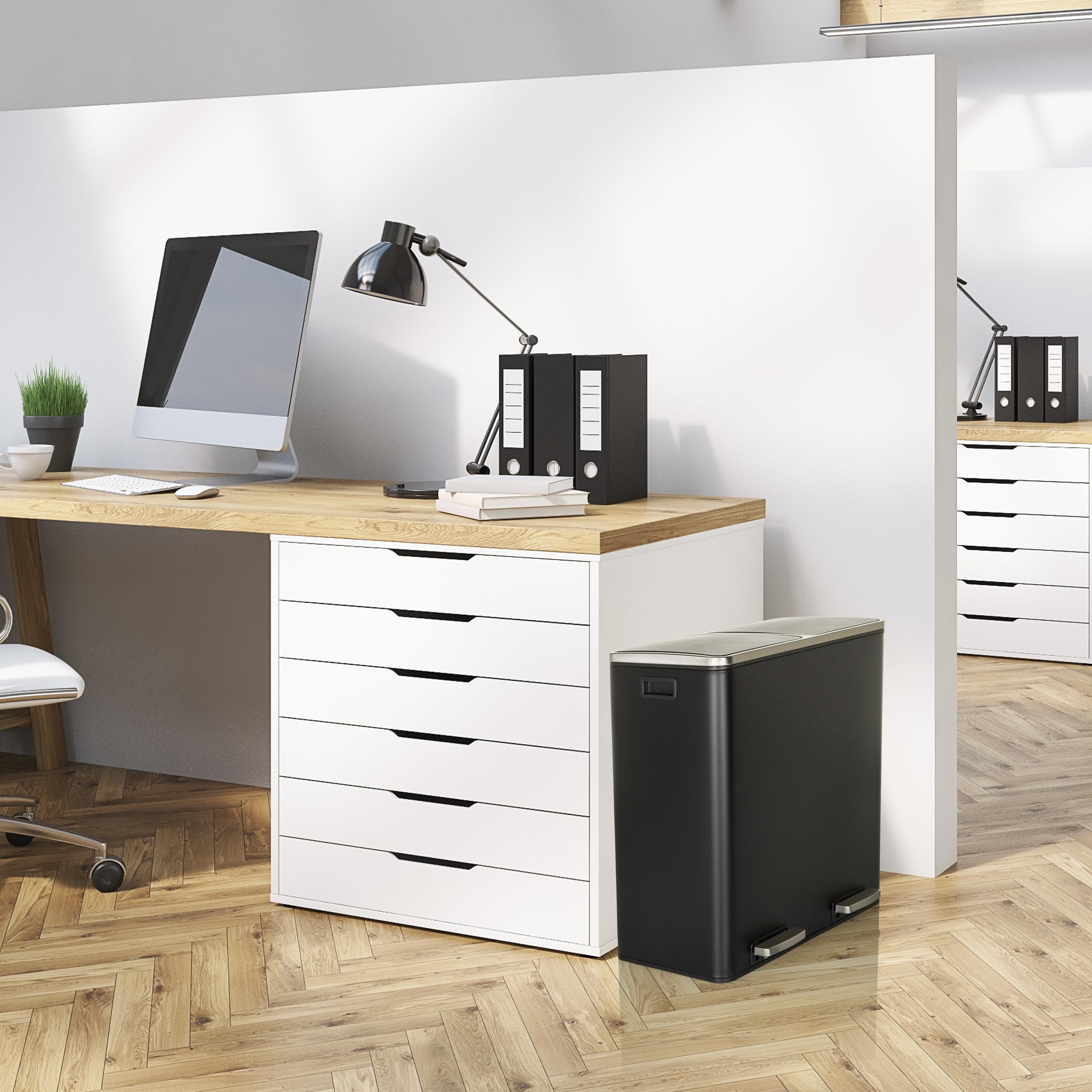 HJH Office Kosz na śmieci 2 x 30 l CLEAN XI System oddzielania śmieci z 2 przegródkami, kosz nożny z amortyzowanym zamknięciem, czarny metal