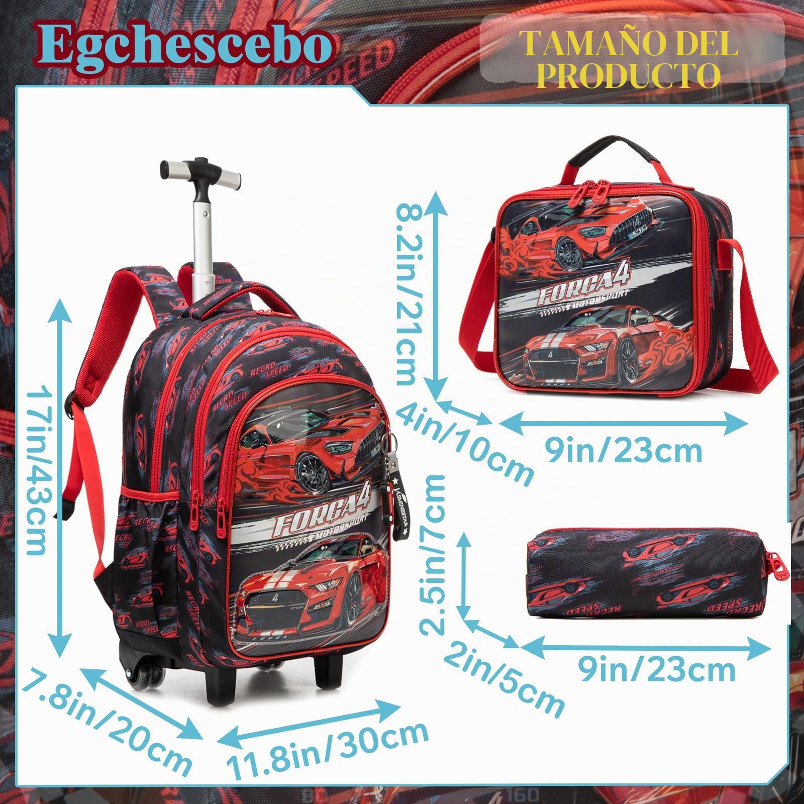 Mochilas Escolares con Coches Ruedas Carro Niño 17" 3PCS Mochila Carrito para Trolley Escolar Bolso de Viaje Estuche Stitch Chicos Maleta Colegio Grande Medianas Infantil Niños Rojo
