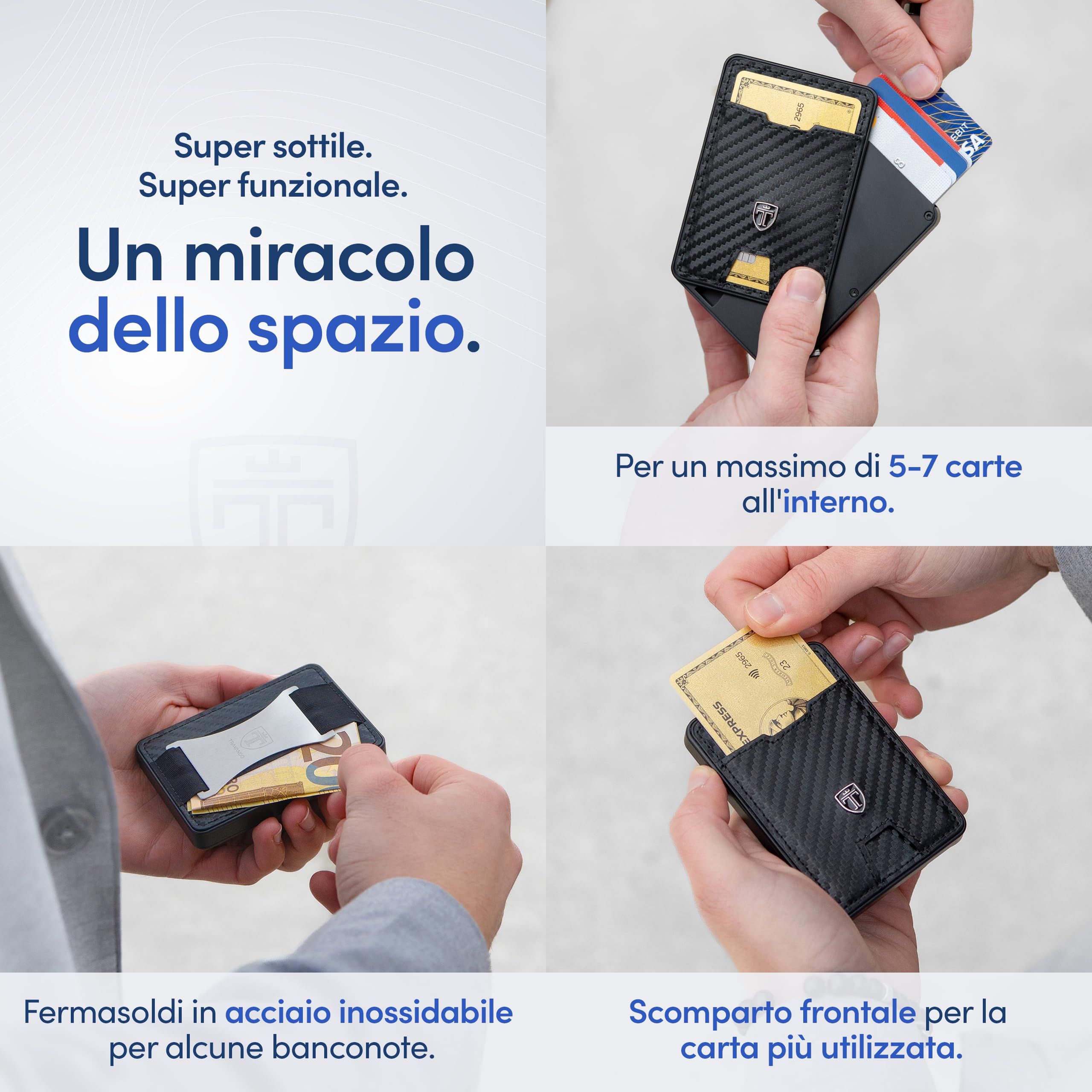 TRAVANDO SWYPE Alluminio Portafoglio Uomo Slim - Carbonio Portacarte Uomo Protezione RFID - Porta Tessere piccolo con cinturino Porta Soldi - Portafogli Slim Di Credito - Mini Smart Wallet