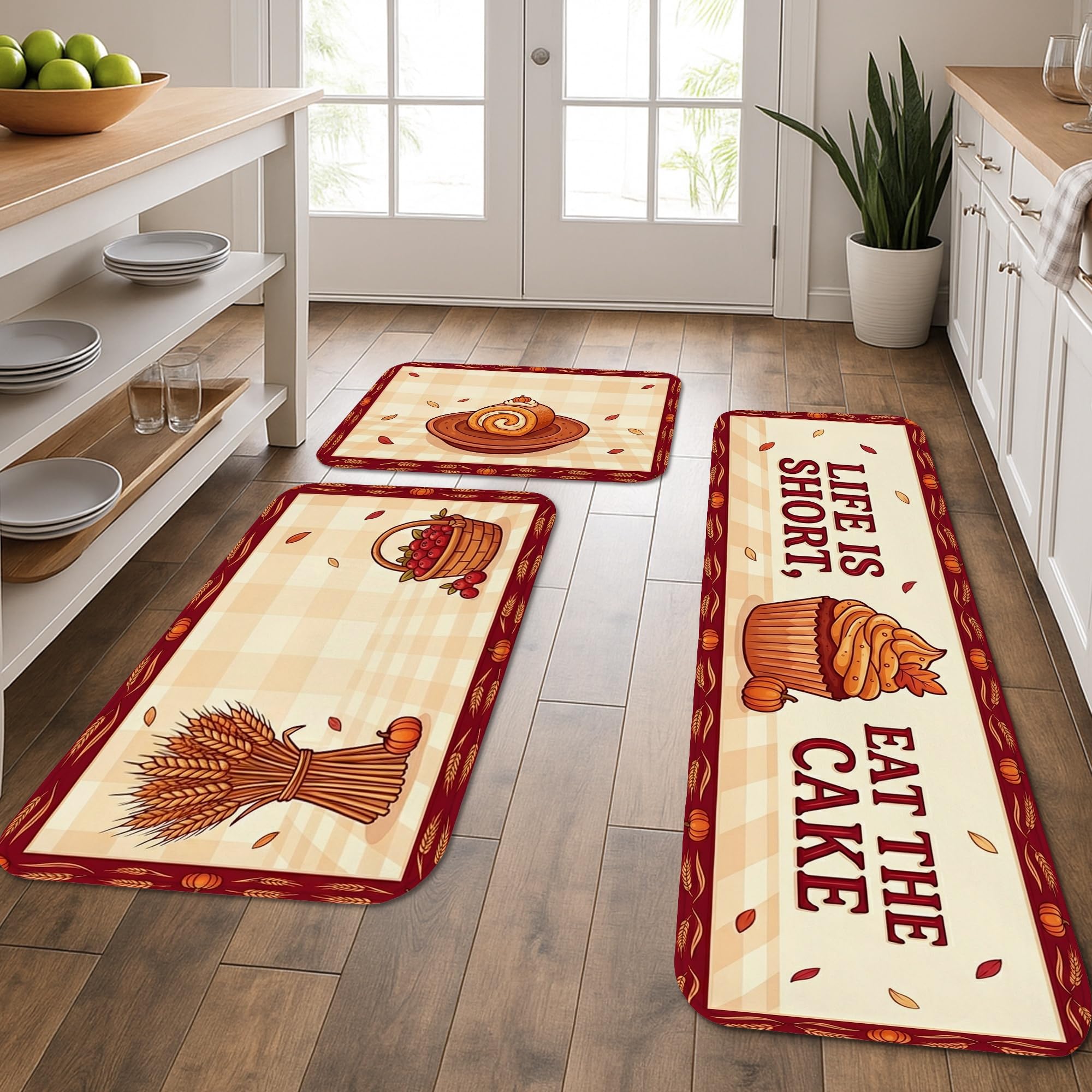 Tapis de cuisine lavables lot de 3 doux beige à motif blé rustique pour entrée