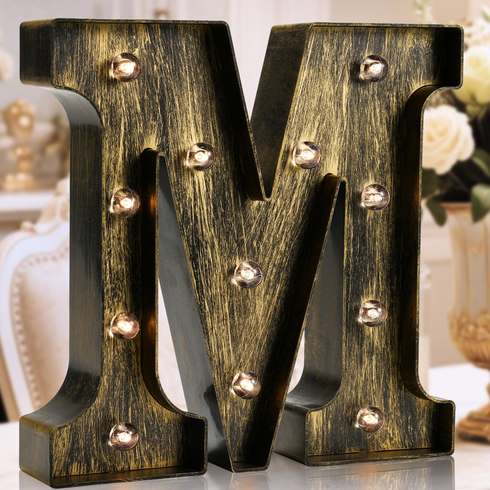 OYCBUZO Golden Black Led Marquee Letter - Industrial, Vintage Style Light Up Alphabet Letter Sign for Cafe Wedding Birthday Party Christmas Lamp Home Bar Initials Decor - M