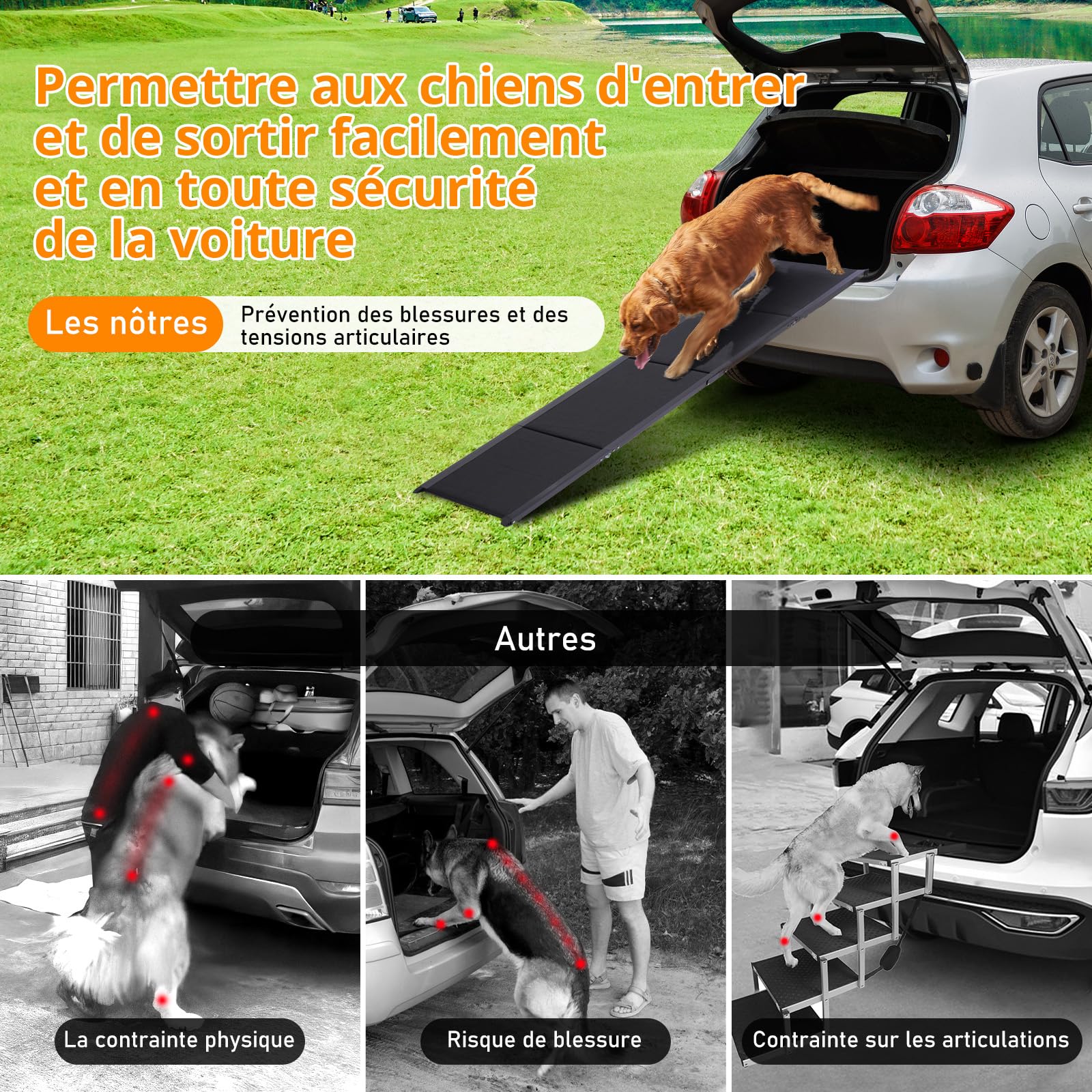 Rampe pour Chien Voiture Pliable 180 x 50 cm, jusqu'à 70 kg, Surface Antidérapante, Cadre en Aluminium Léger