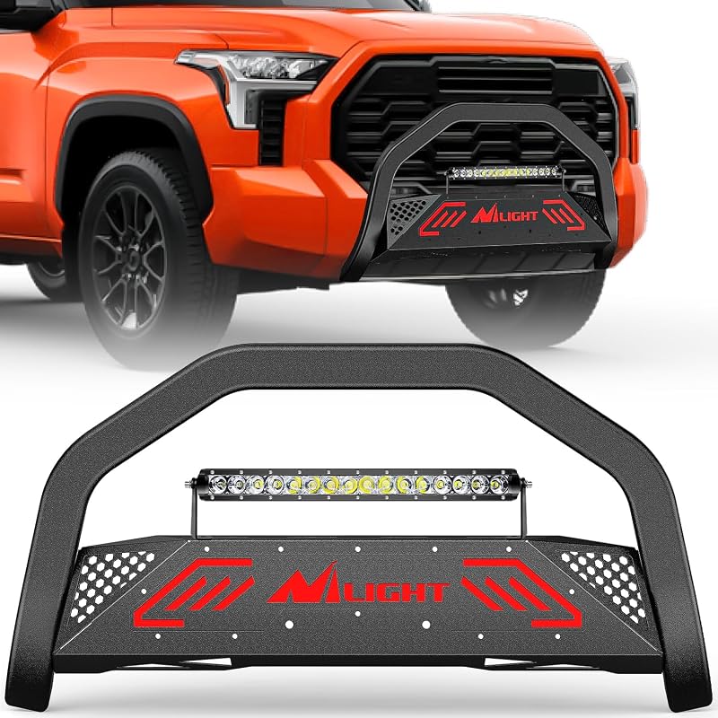 Nilight Bull Bar with Light Bar for Toyota Tundra | for Toyota Tundra 2022 2023 2024 Includes License Plate Hole Brush Guard, Front Bumper Push Bar w/Grille Skid Plate Light Mount