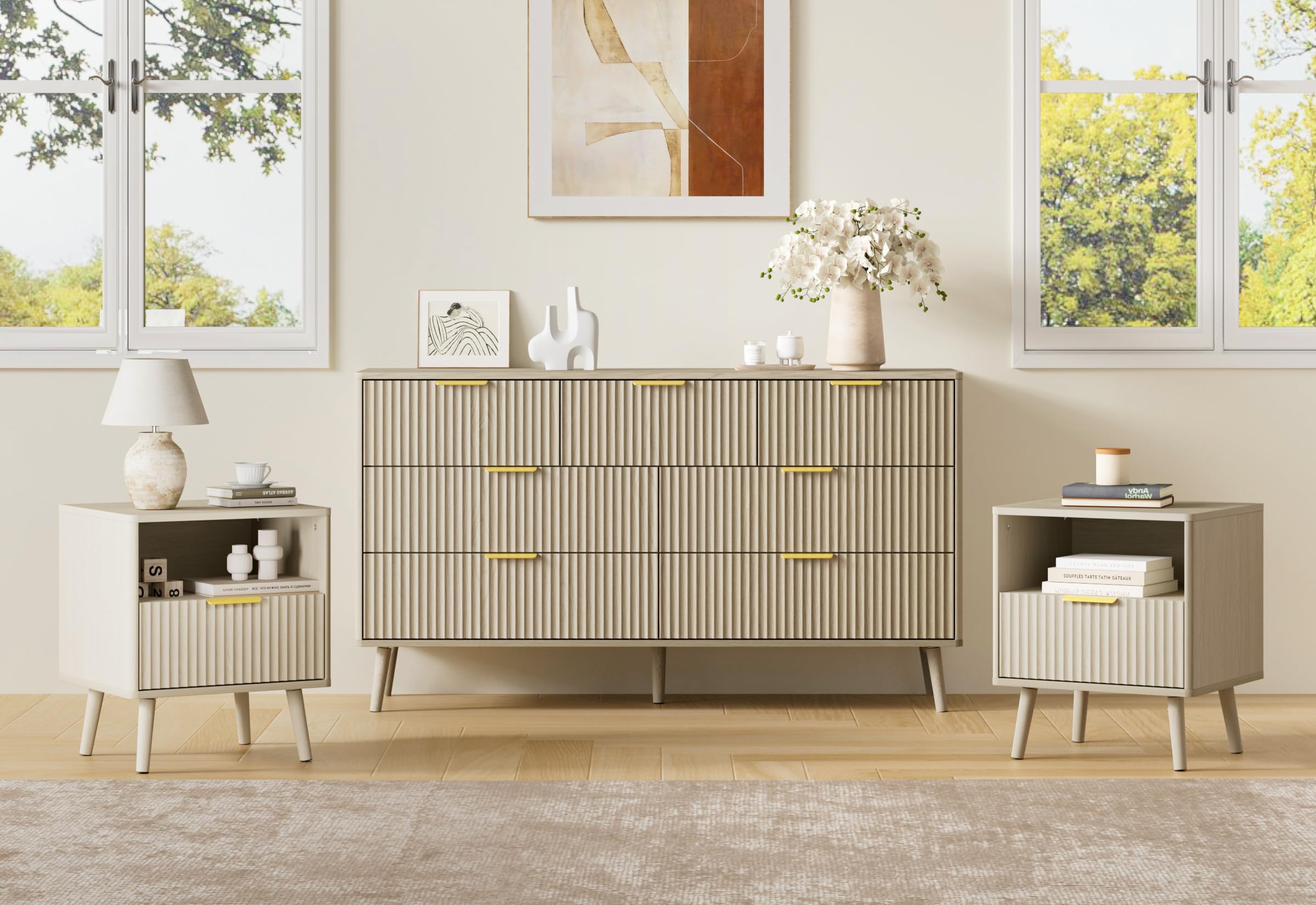 LYNSOM Fluted Dresser and Nightstand Set in Beige