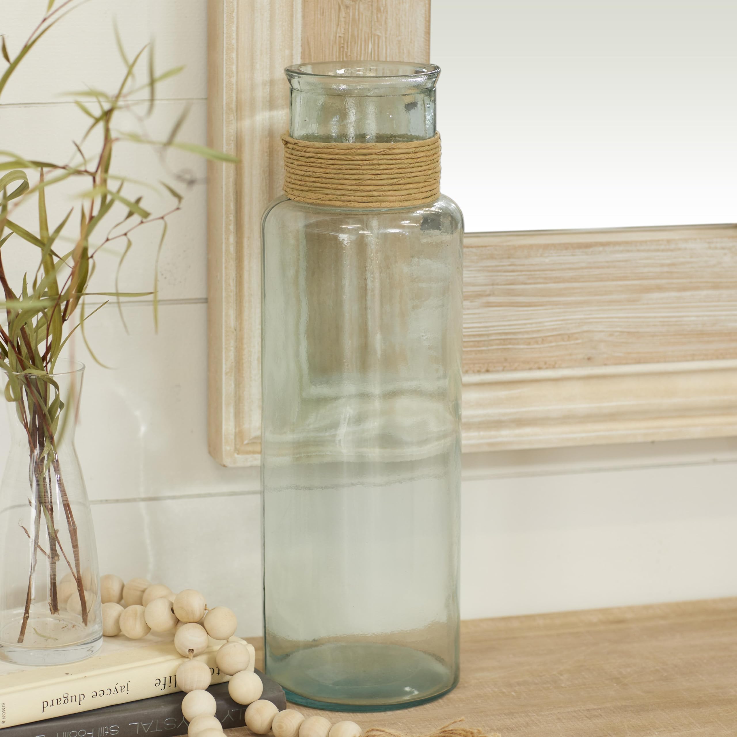 Deco 79 Vaso di Vetro W Rafia 15,2 cm W, 45,7 cm H-18230, 15,2 x 45,7 cm