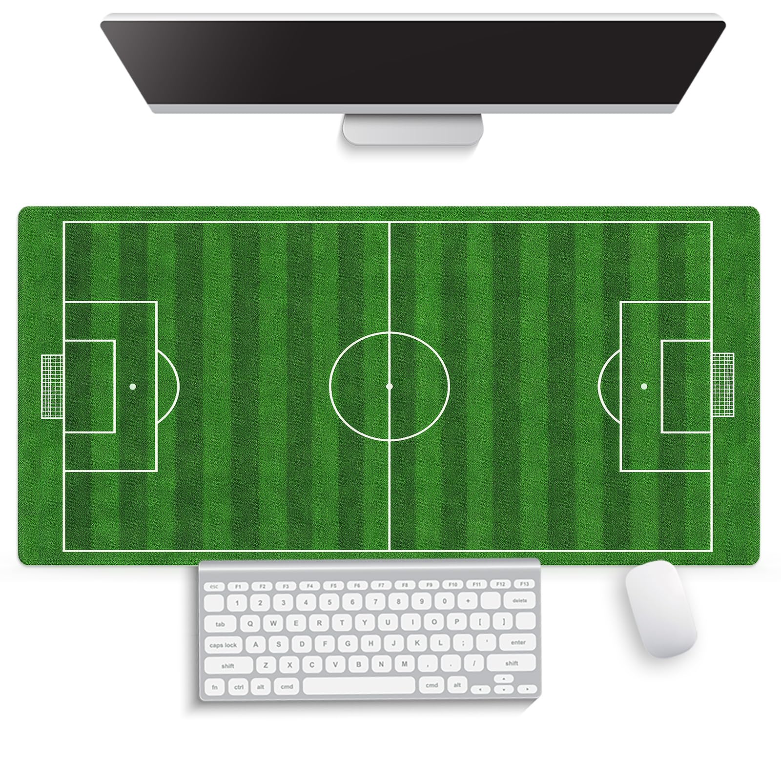 Football Field Design Large Mouse Pad, Green Soccer Course View Desk Mat | Keyboard Mat Stitched, 31.5" x 15.8", Top Down View, Sports Pitch Green Striped Grass, Gift for Soccer Fans Coaches