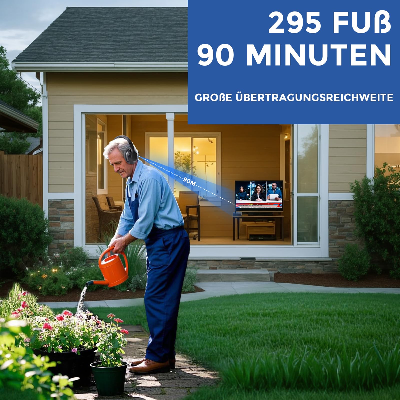 Kabellose Kopfhörer für Fernseher, Over-Ear kabellose 196ft Wireless-Reichweite,unterstützen Optical, AUX, RCA und USB,40 Stunden Audio-Wiedergabezei, hohe Lautstärke, Hi-Fi Audio